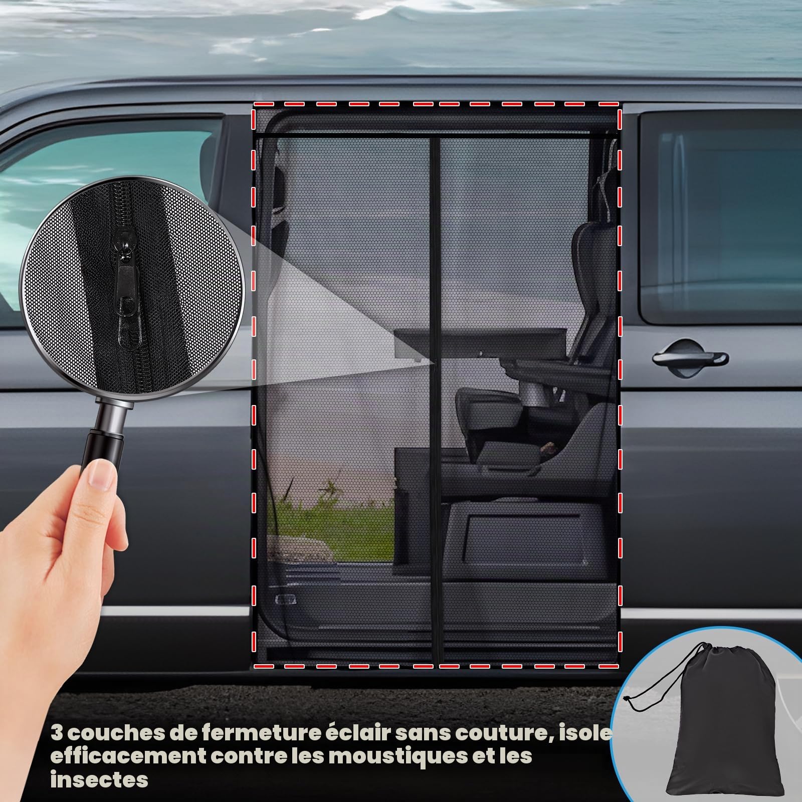 ZATOOTO Moustiquaire Fermeture Éclair pour VW T5 T6 pour Porte Coulissante, Moustiquaire Van Aménagé avec Magnétisme pour Latérale, Protection Solaire, Les Voyages en Camping (Porte Latérale)