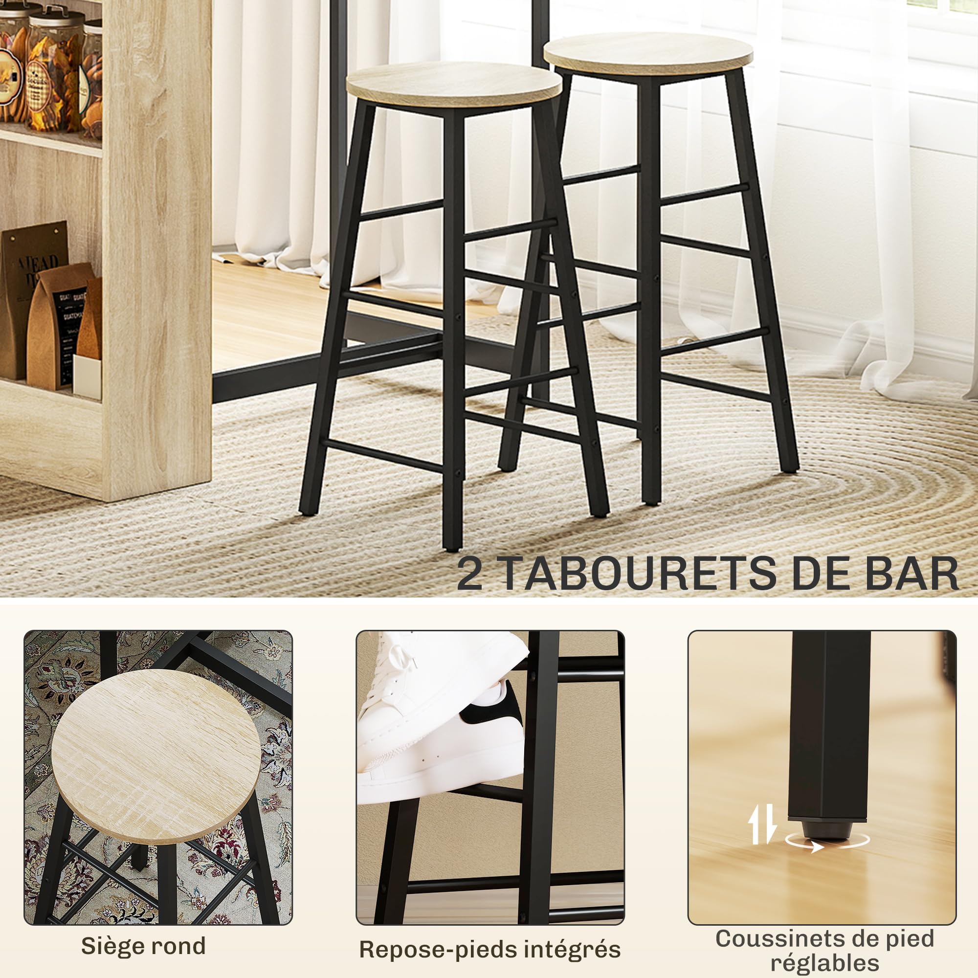 HOMCOM Ensemble Table de Bar avec Tabourets 2 Chaises de Bar Chêne et Noir