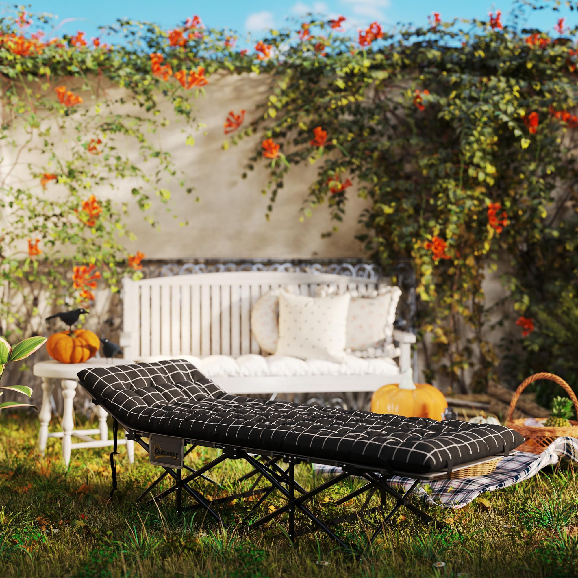 Outsunny Lit de Camping Pliable avec Matelas, Lit de Camp Pliant, Pochette latérale et Sac intégré, transat Chaise Longue en métal et Tissu Oxford, 190 x 67 x 37 cm, Charge 150 kg, Noir