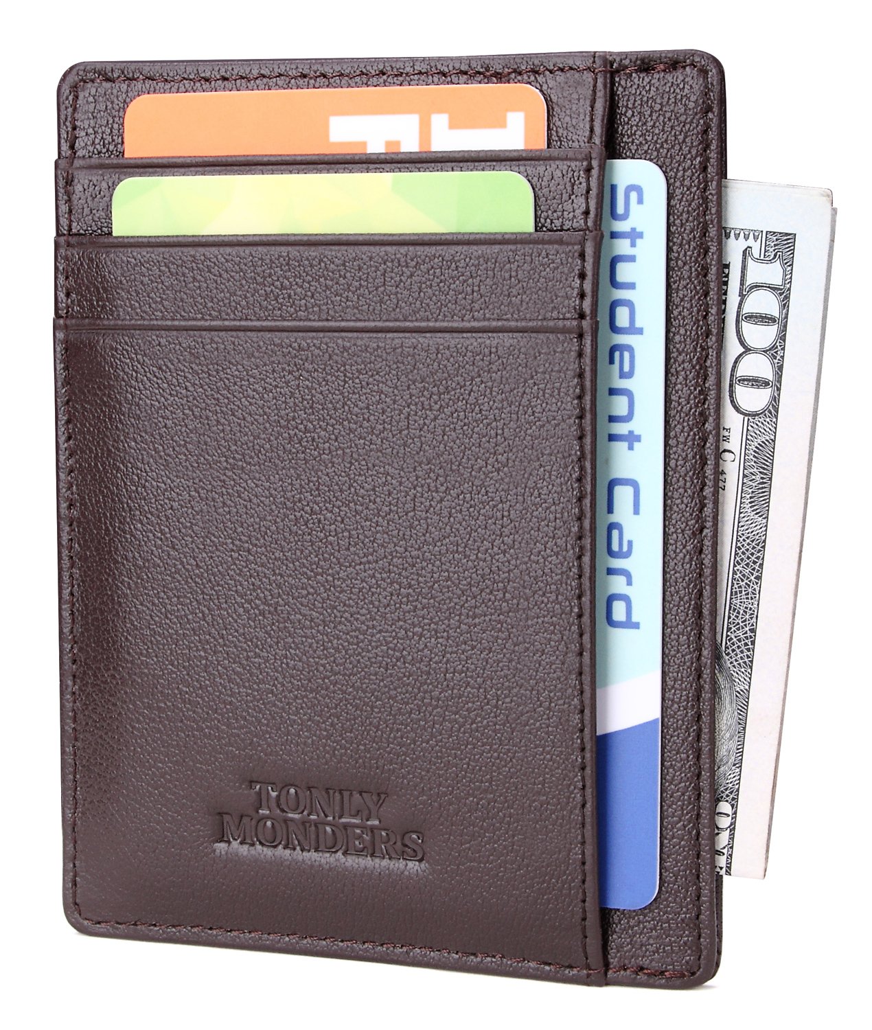 Slim Wallet Genuine Leather Minimalist Wallet RFID Blocking Men's Front Pocket Credit Card Holder, Coffee