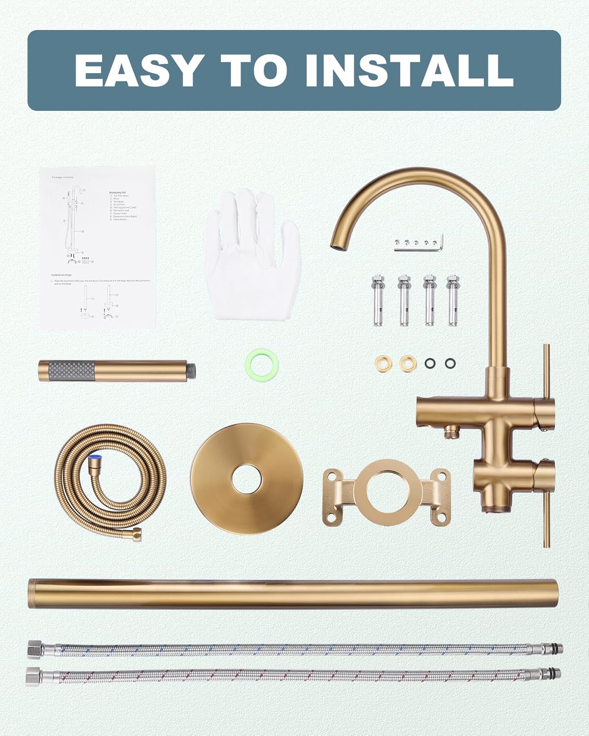 Freestanding Bathtub Faucet Brushed Gold, Floor Mount Tub Filler, High Flow Brass Shower Faucets with Handheld Sprayer for Bathroom - Image 7