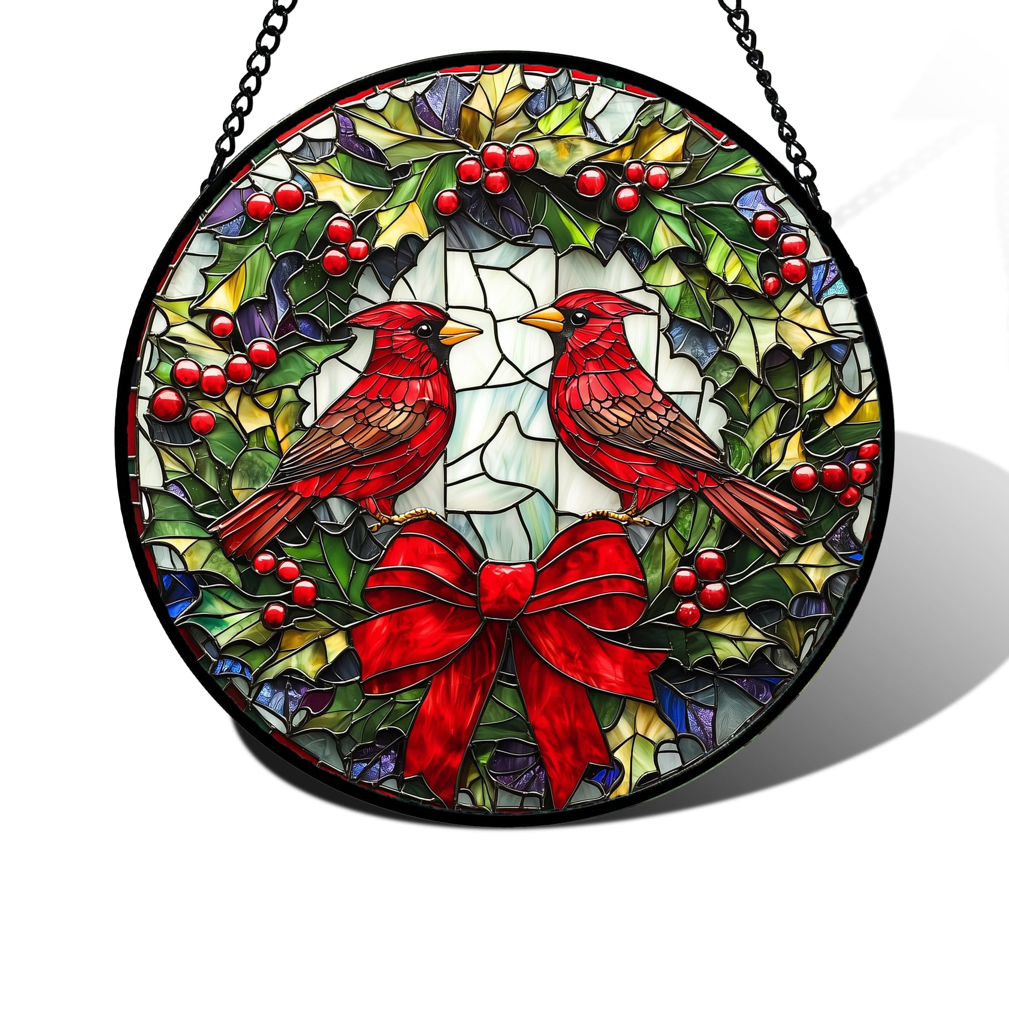 Cardinals Green Wreath Stained Glass Window Hanging Suncatcher Gifts 6.3"
