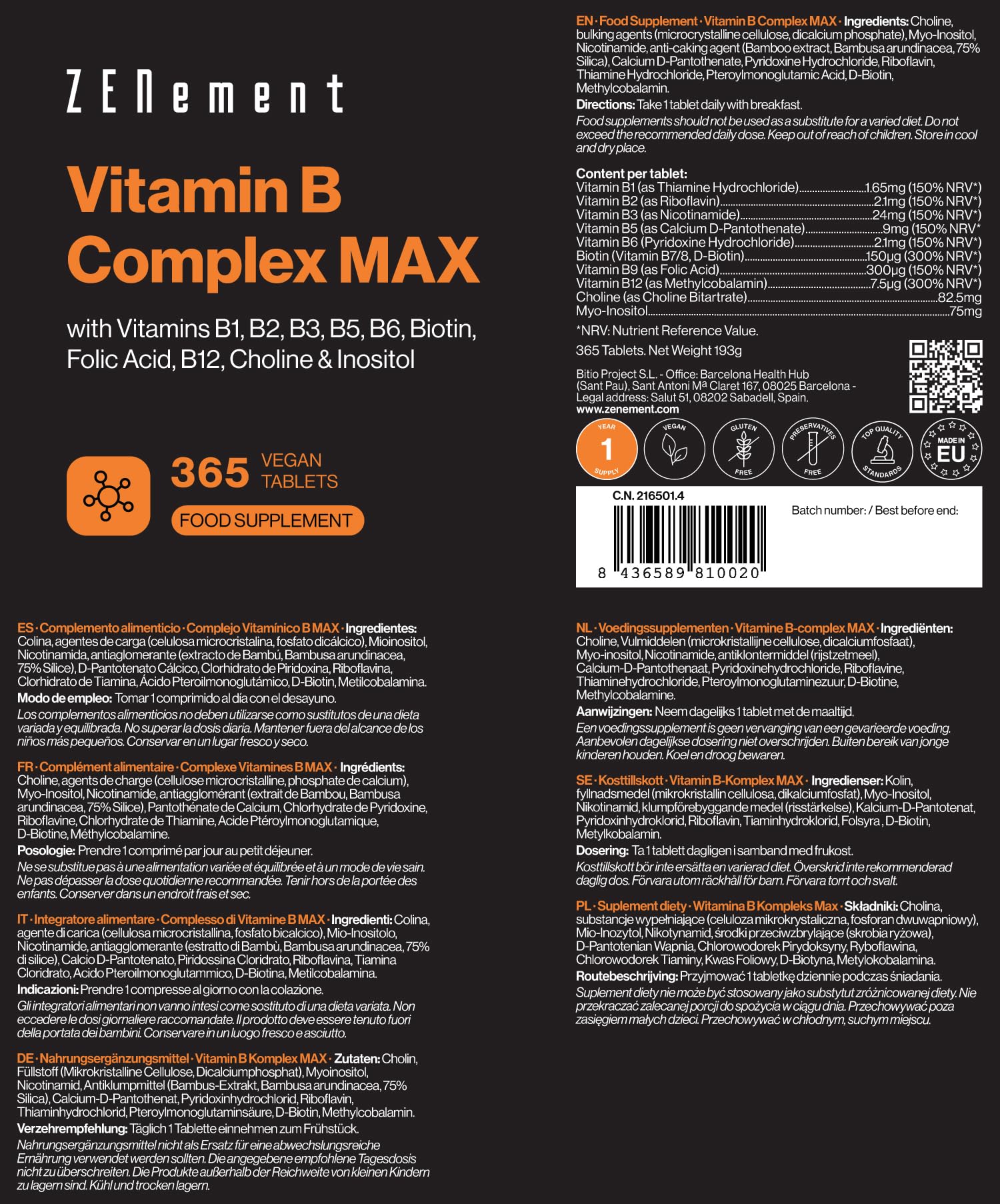 Complexe Vitamines B MAX, 365 Comprimés | 8 Vitamines B + Choline & Inositol | Aide à Réduire la Fatigue et Contribue au Bon Fonctionnement Mental et à Celui du Système Immunitaire | Végan | Zenement