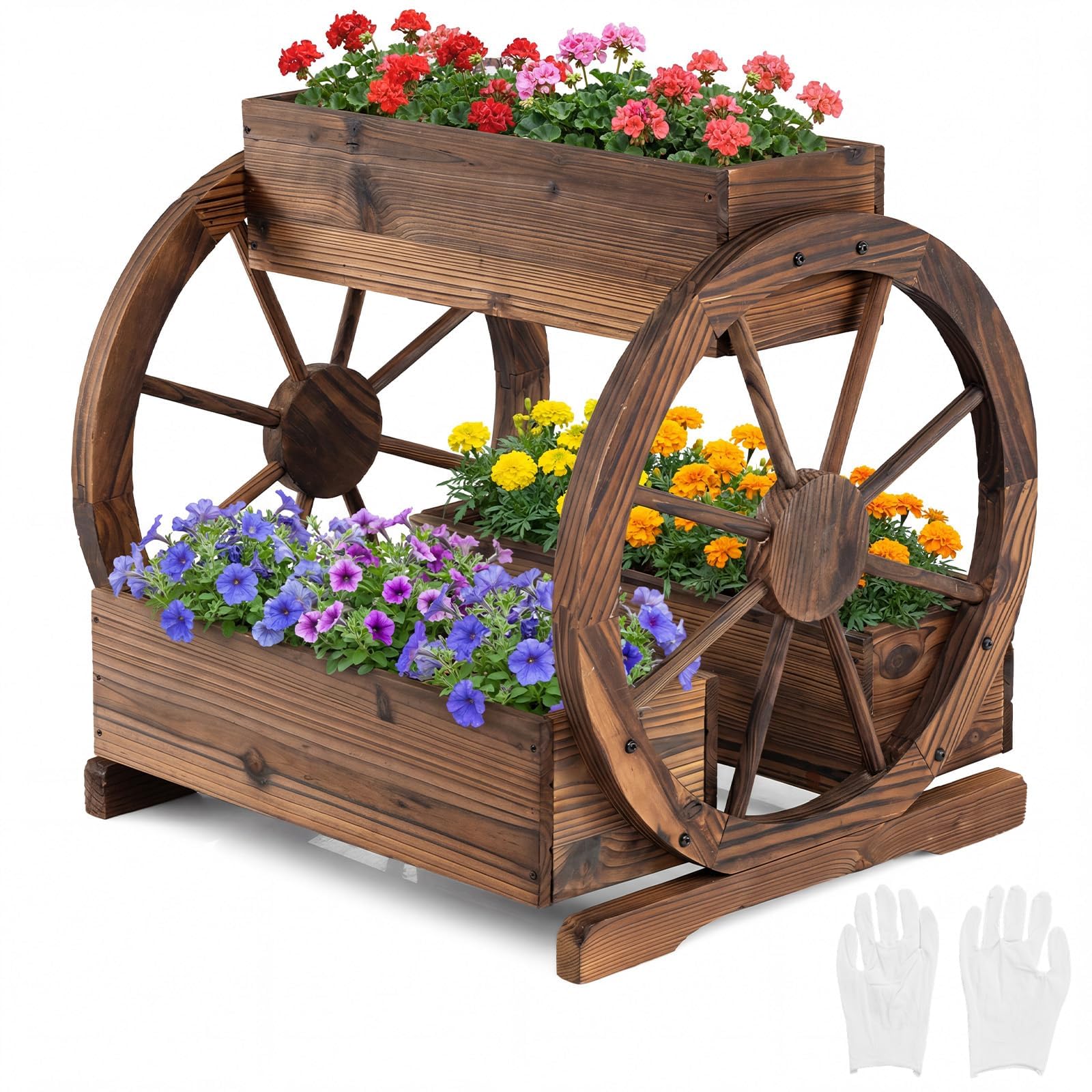 COSTWAY Cama de Jardín Elevada de 2 Niveles, Macetero de Madera Decorativo con 3 Cajas de Cultivo, Orificios de Drenaje y Ruedas, Maceta para Flores, Verduras Hierbas, Exterior e Interior
