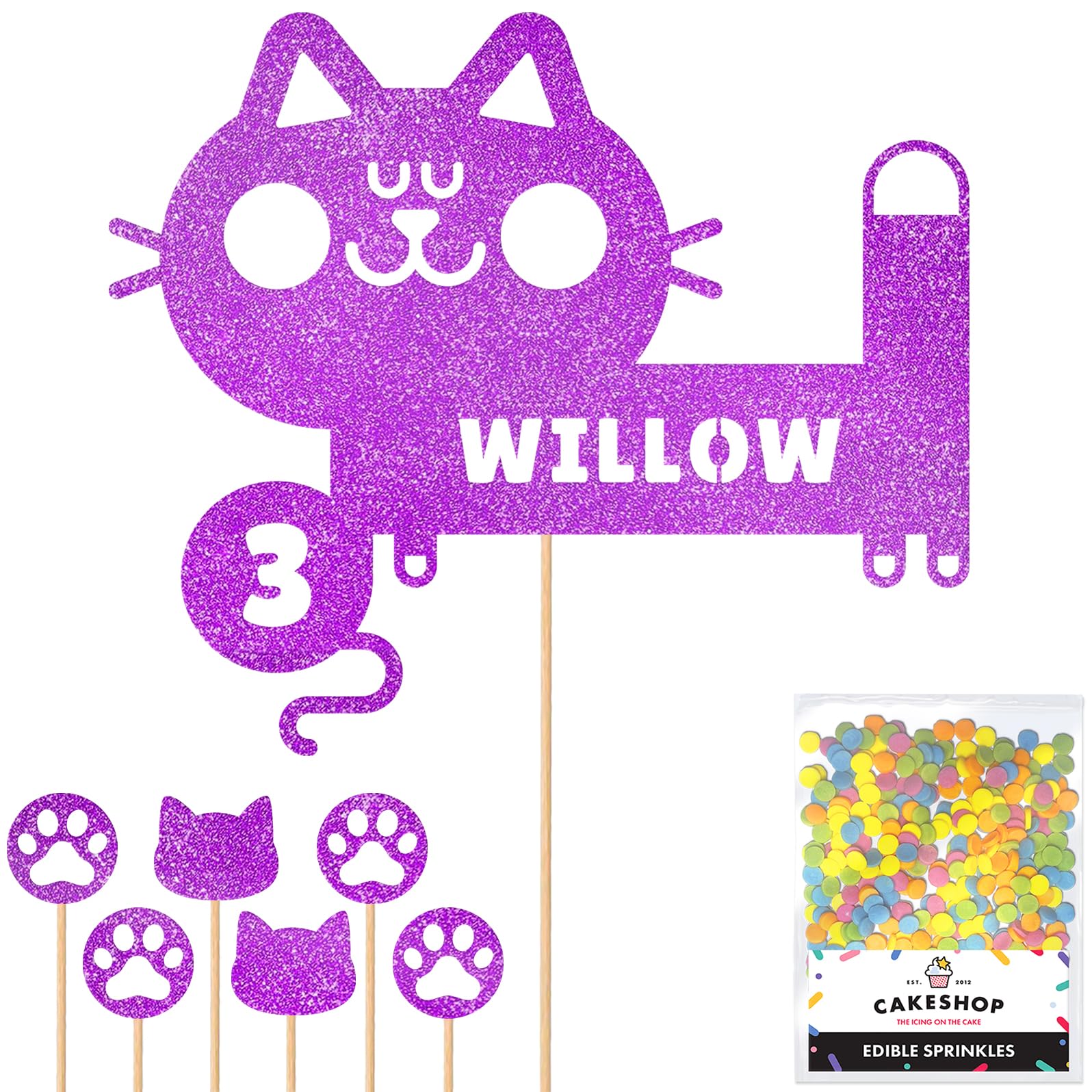 Personalised Birthday Cat Kitten Glitter Cake Topper- Purple Any Name & Age Glitter Cake Decoration and Sprinkles - Happy Birthday Decorations - Personalised Toppers for Cakes by Cakeshop