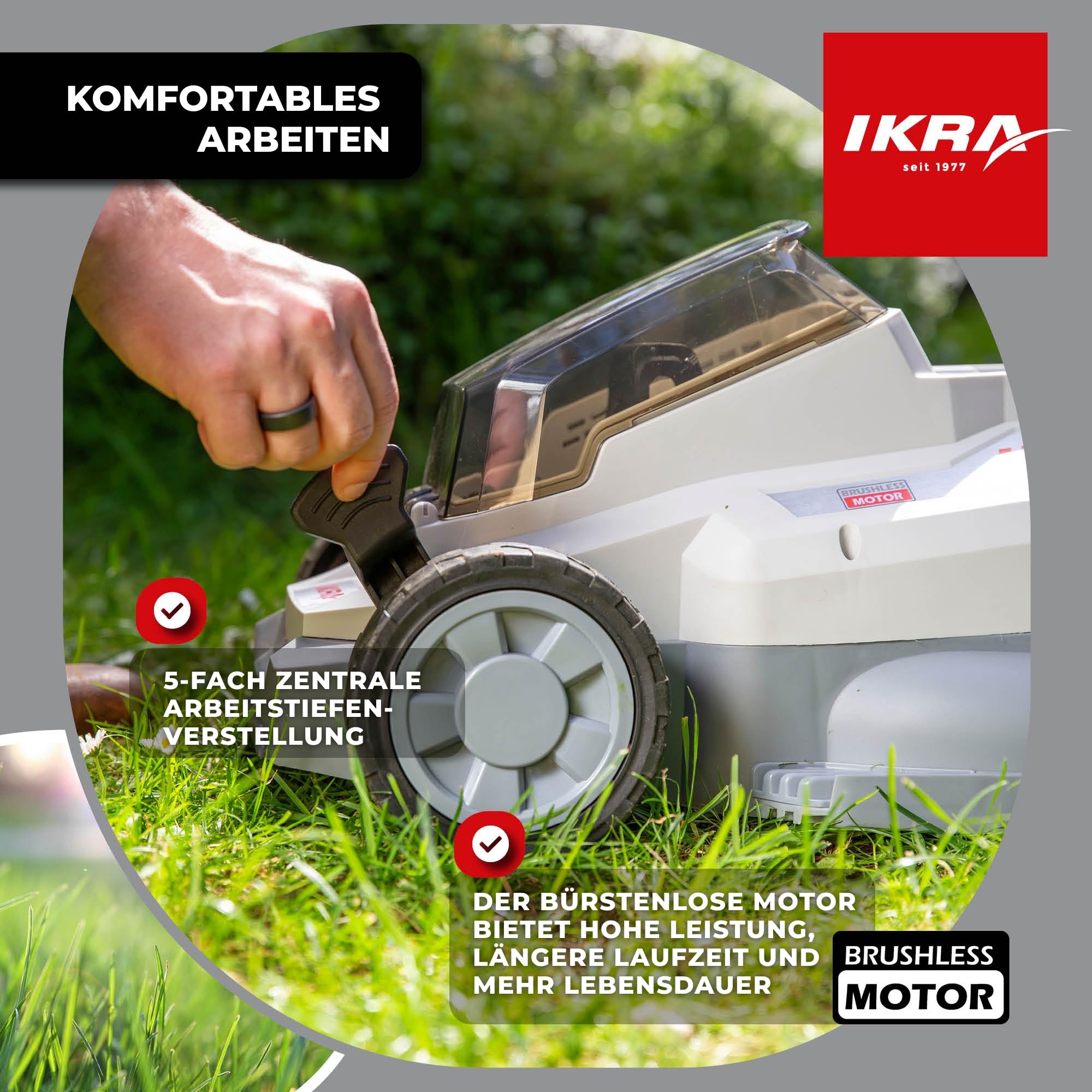 IKRA Rasenmäher ICM 2033, Breite 33cm, inkl. 2 Akkus 20V & Ladegerät | Schnitthöhe 25-75mm, Mulchmäher für Rasenflächen bis 150m², Holm höhenverstellbar, Fangsack 30l, 20V-Akku-Familie von IKRA