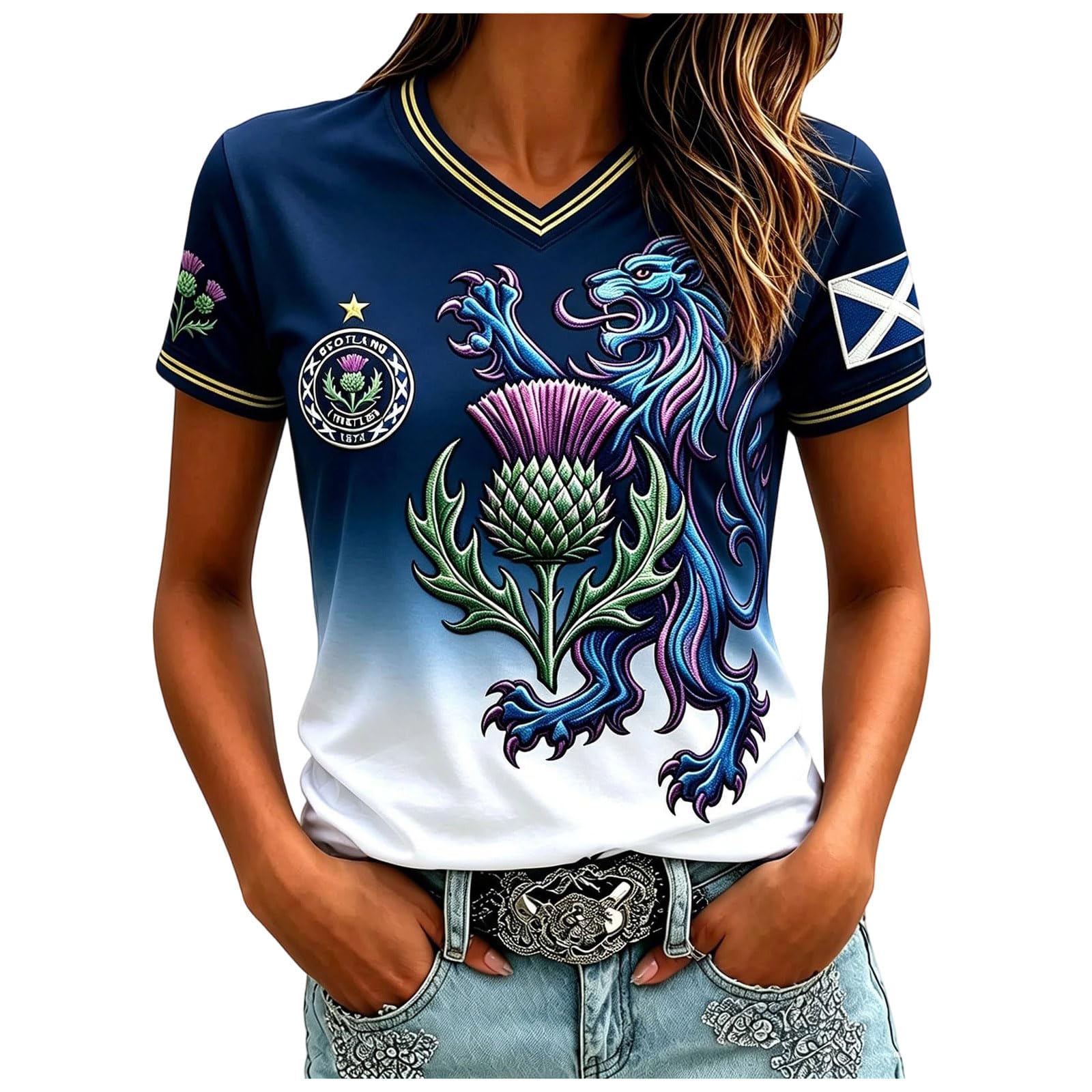 Zuoyue Womens Scotland Football Shirt 2026 Shirts Printed Lightweight Scotland Football Tops Women V Neck Breathable Short Sleeve Comfortable Training Top Women Kid Loose Soccer Tops (#2-Blue, L)
