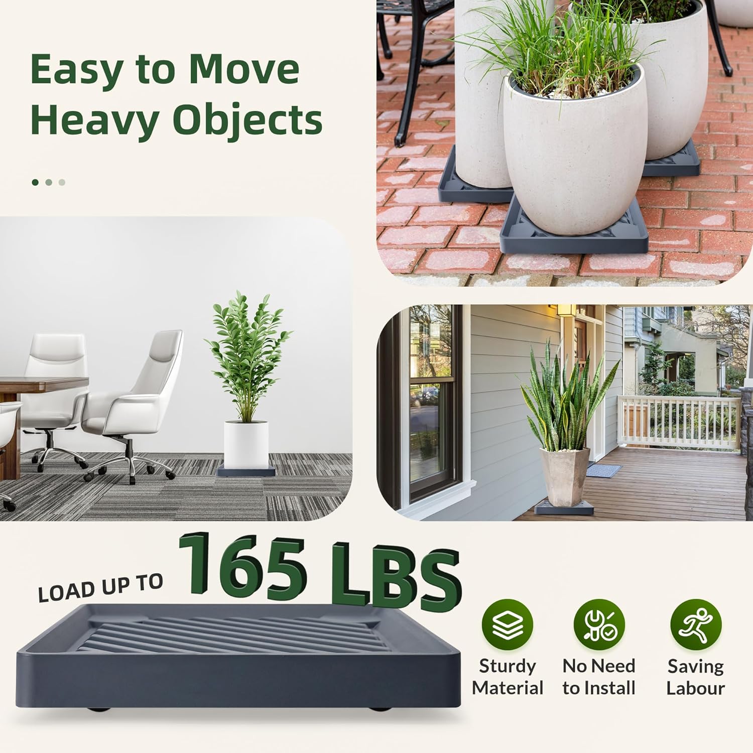 2PCS Square Plant Caddy with Hidden Wheels, Heavy Duty Rolling Plant Stand Caddy with Wheels, Pot Base for Indoor Outdoor, Gray, 14 inches