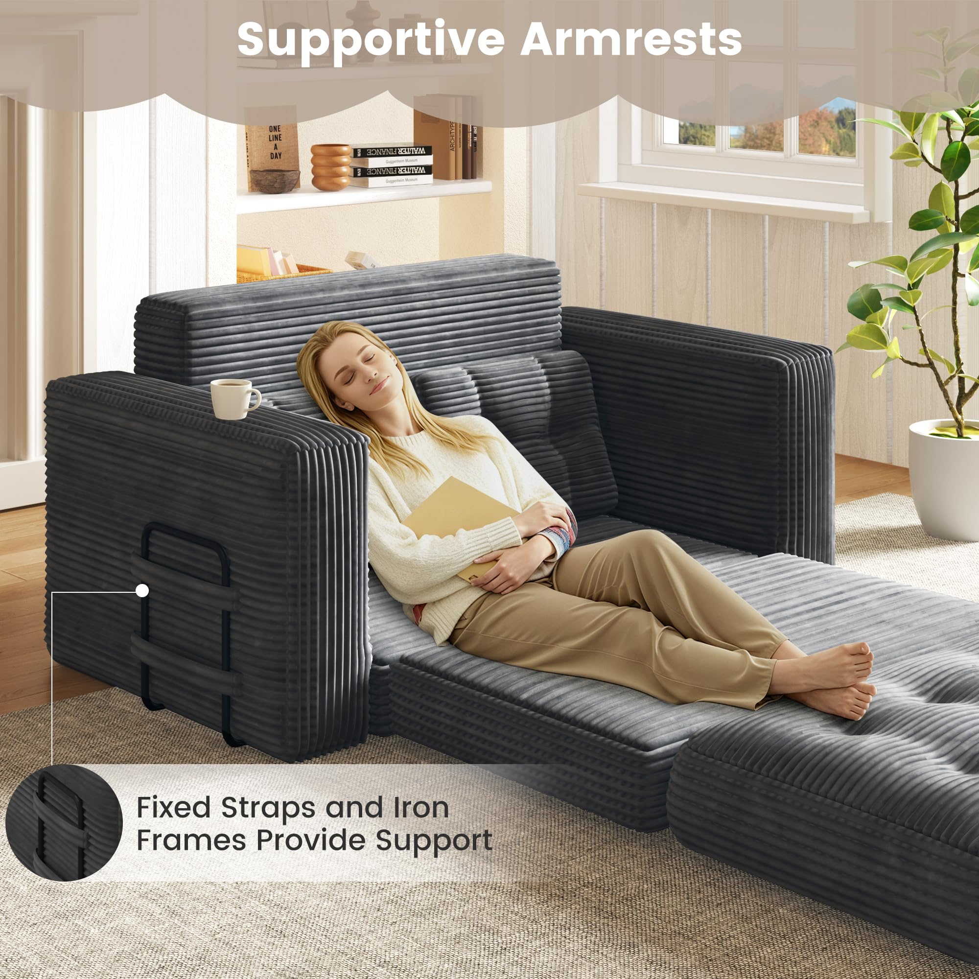EROMMY 56" Boneless Couch Bed, Convertible Sofa Bed with Corduroy Fabric, Small Loveseat Sleeper Sofa for Small Spaces, Pull Out Futon Couch with 2 Pillows, No Assembly, Grey