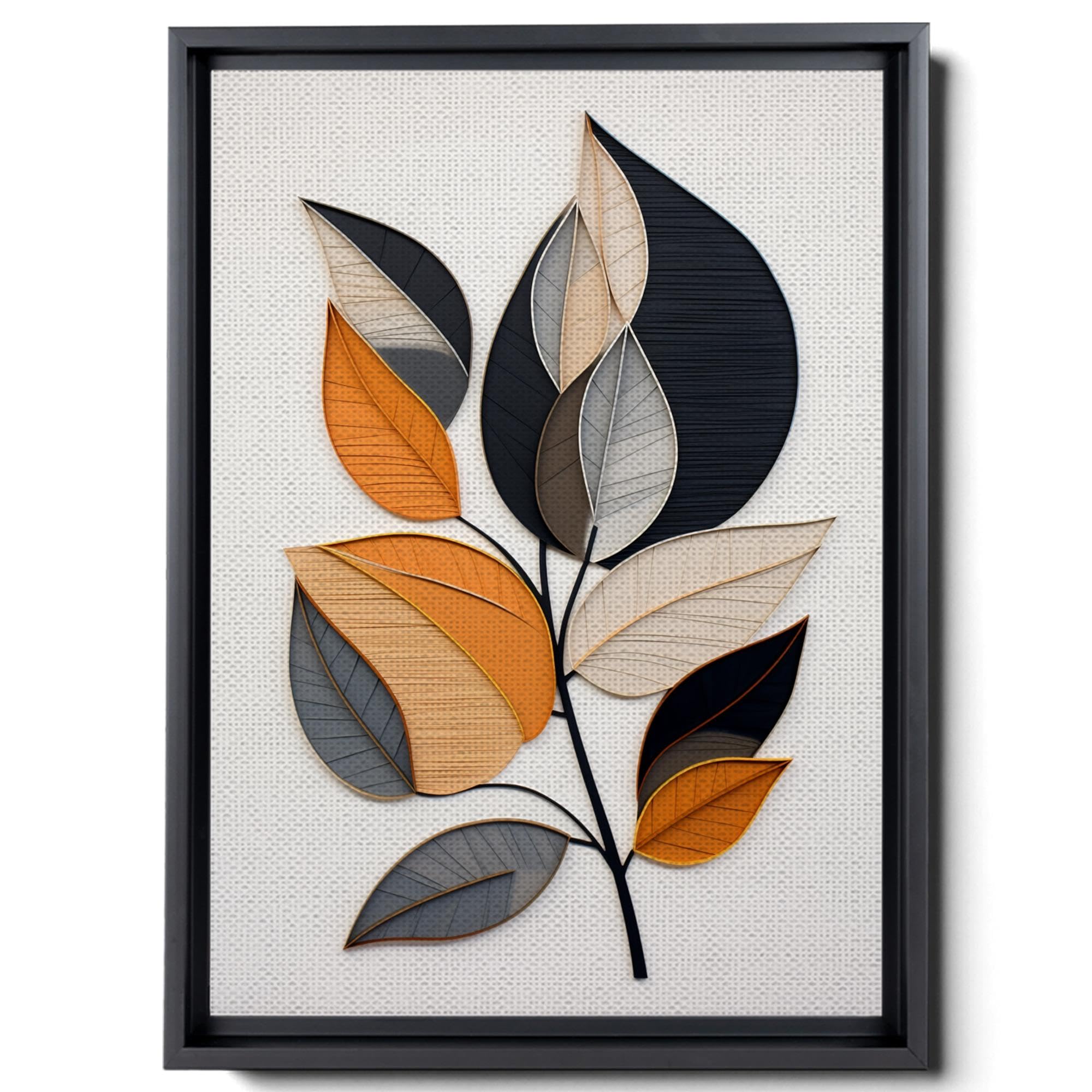 A Black And Orange Abstract Leaf Wall Art, In The Style Of Simplified Forms And Shapes, Use Of Earth Tones, Sketchfab, Mediterranean-Inspired, Canvas Prints