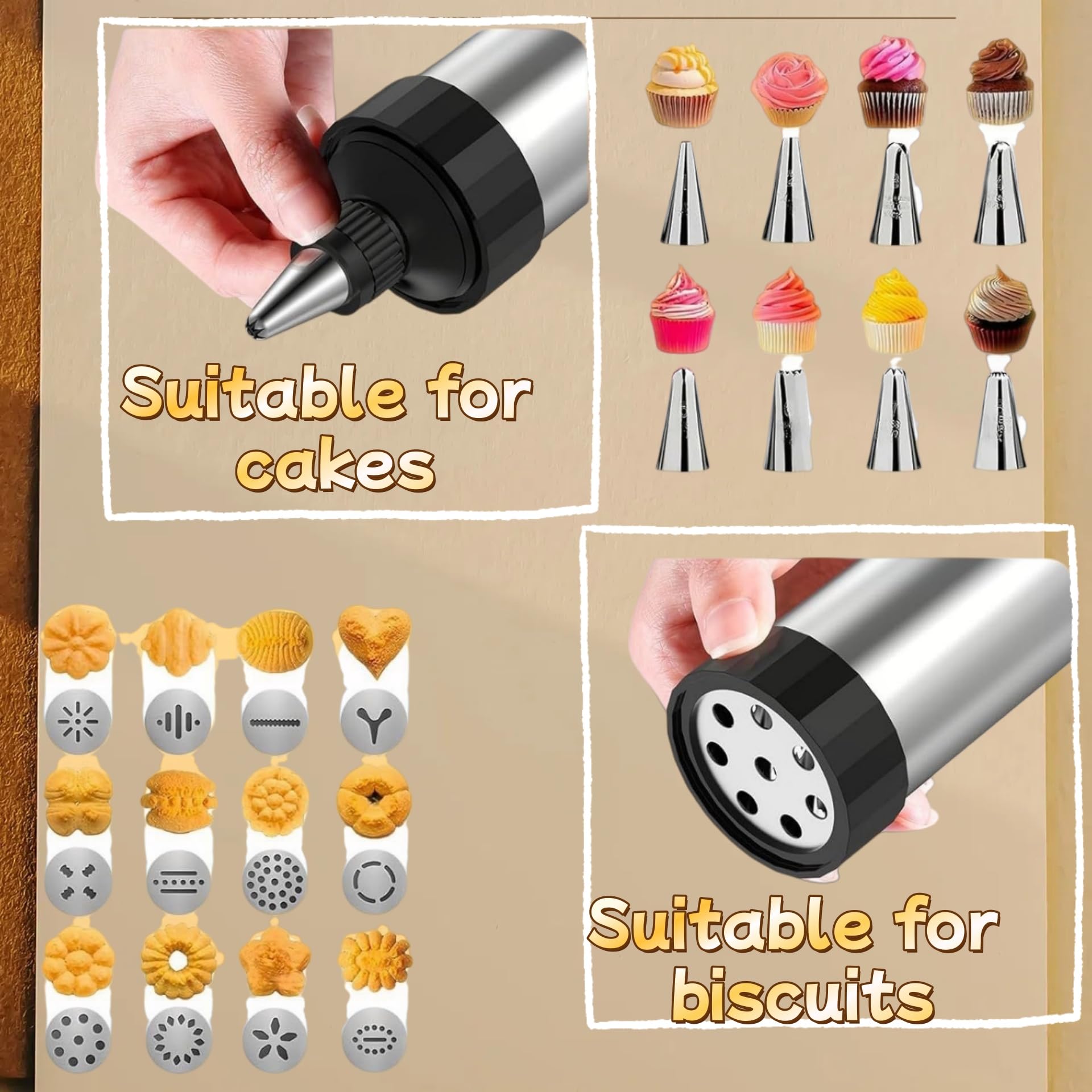 1 presse à pâtisserie professionnelle en acier inoxydable et seringue à garnir, 13 pochoirs, 8 douilles (seringue à pâte en acier inoxydable, seringue à pâtisserie en acier inoxydable,