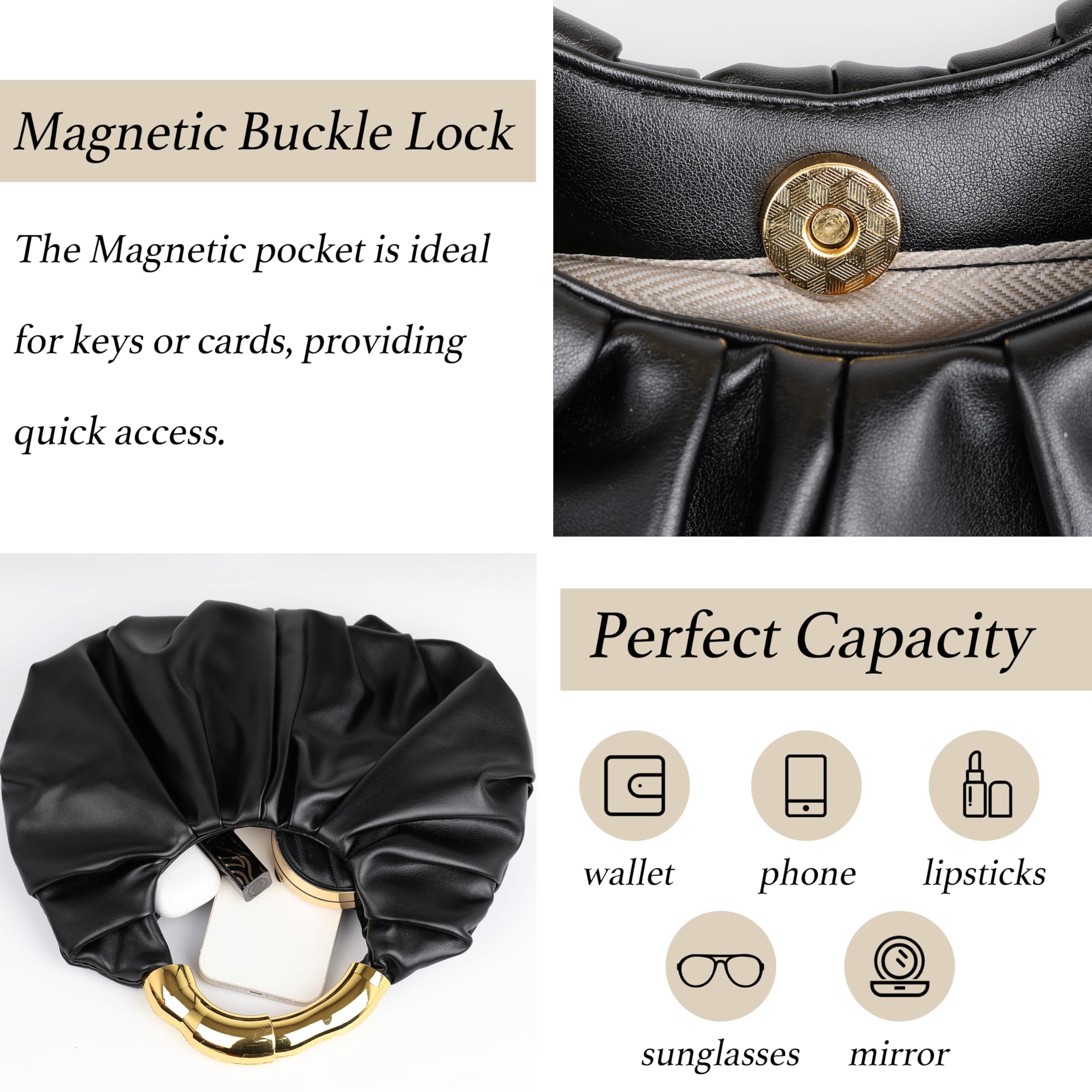 Clutch Purse for Women - Evening Clutch PU Leather Pleated Bag Designer Handbag for Party Prom Wedding: Bamboo Gold Black