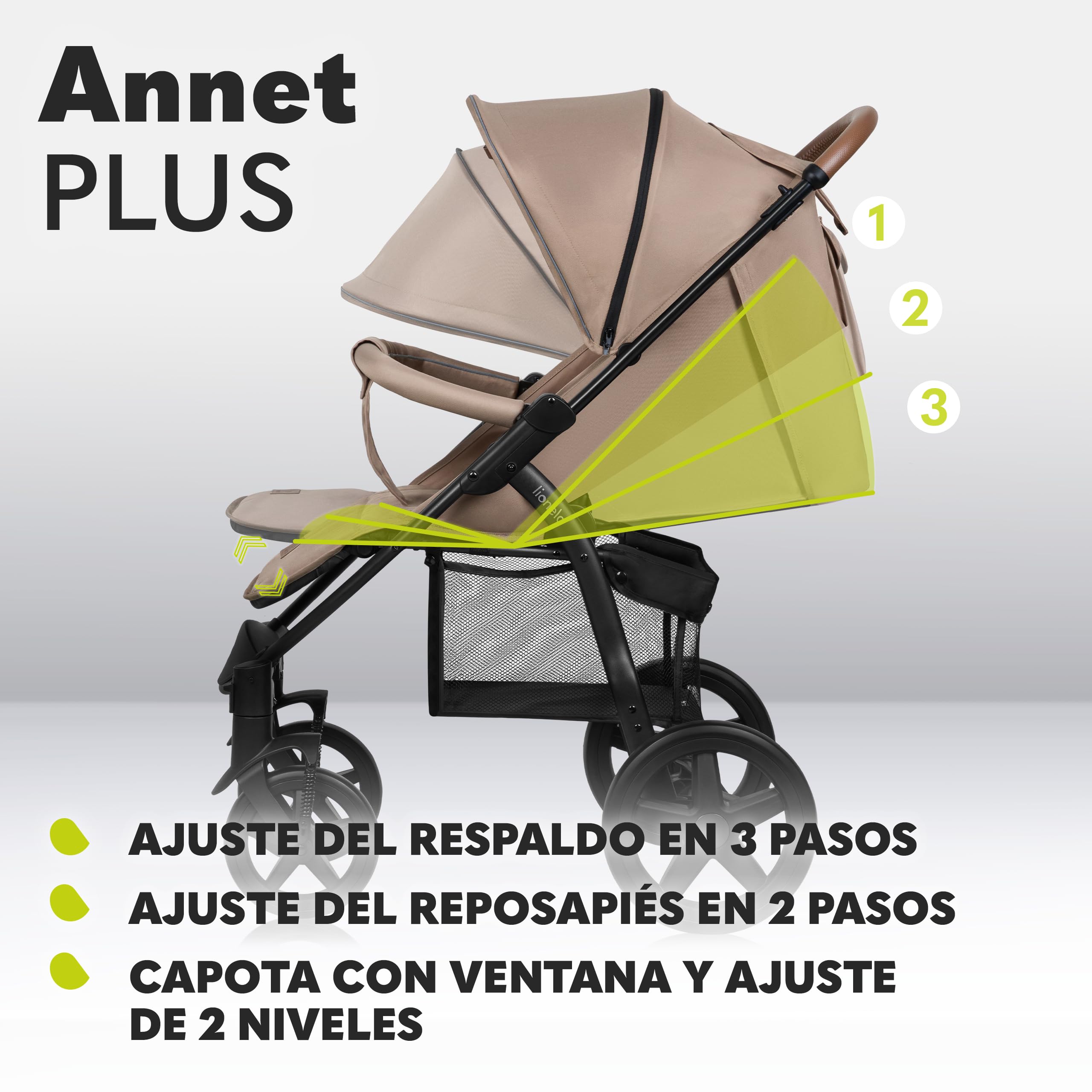 LIONELO Annet Silla de Pase Para niños hasta 22 kg 0-48M ajuste del respaldo hasta posición horizontal Capucha XXL Plegable fácil con ventana Mosquitera (Beige)