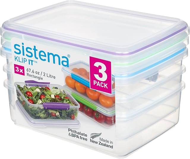 Sistema KLIP IT Food Storage Containers | 2 L | Stackable, Nestable & Airtight Fridge/Freezer Food Boxes with Lid | BPA-Free Plastic | Blue, Green & Purple Clips | 3 Count