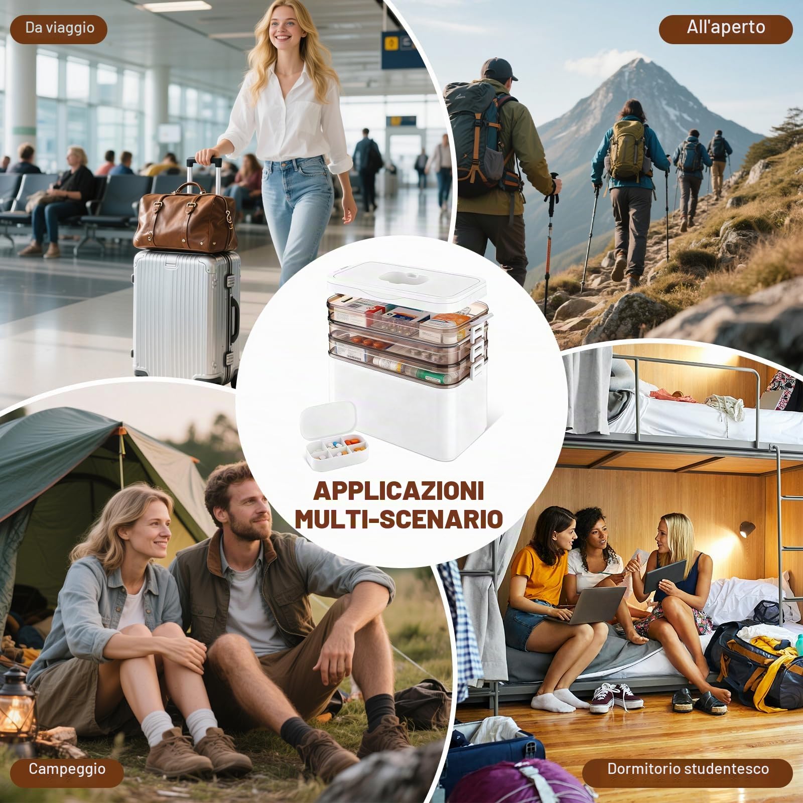 Contenitore Medicinali 4 Strati, Con Maniglia, Portapillole Viaggio | 30×16,5×24cm, 4 vani separati, Portapillole da viaggio estraibile nel coperchio, Plastica PP senza BPA