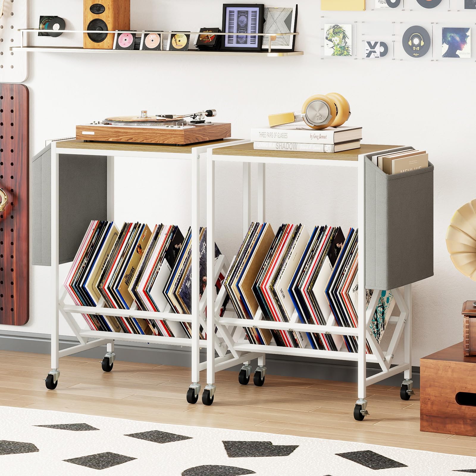 COSTWAY Meuble Platine Vinyle a Roulette, Petit Support pour Tourne-Disques avec Poche, pour 200 Albums Disques CDs, Cadre en Métal, Meuble Rangement Vinyle Hifi pour Salon, Chambre (Naturel)