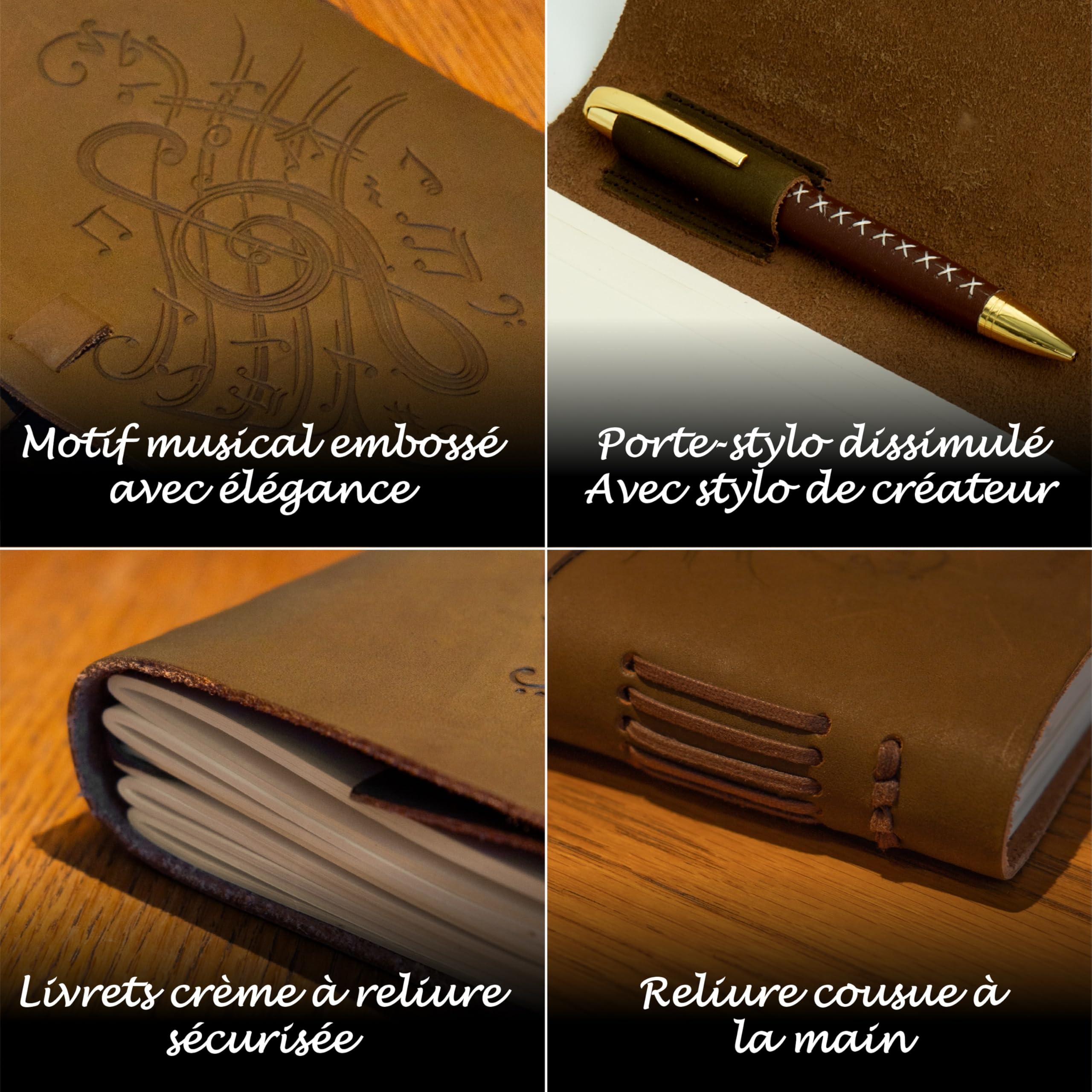 Coffret journal cuir Sovereign-Gear – Motif notes de musique en relief – Carnet buffle fait main 8x6" avec stylo et marque-page – Journal vintage non ligné, cadeau haut de gamme homme/femme.