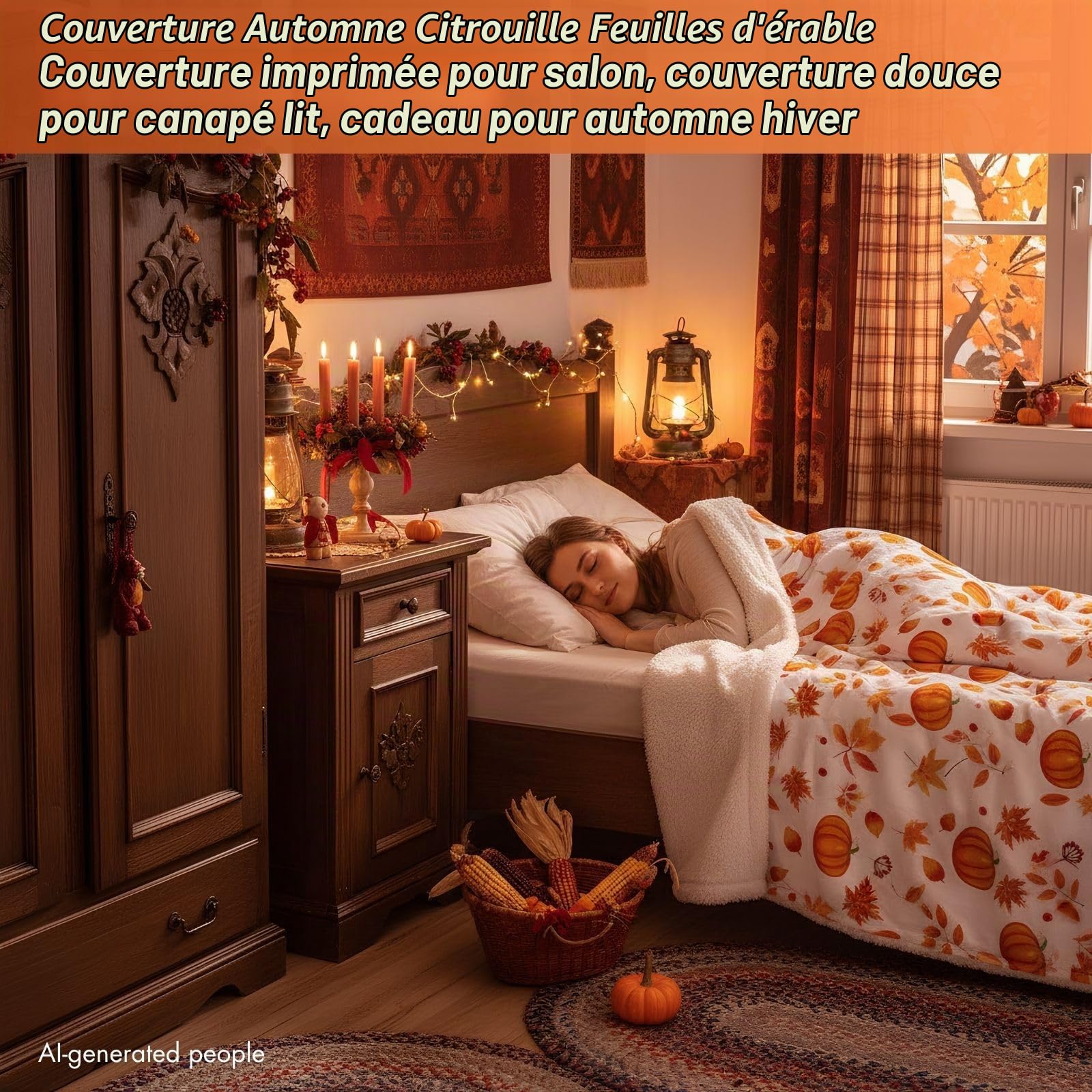 Couverture de citrouille d'Halloween,Joyeuse automne,100x130 cm,Douces fleurs d'automne,Feuilles d'érable,Couverture en polaire,Pour enfants garçons et filles,Décoration de la maison