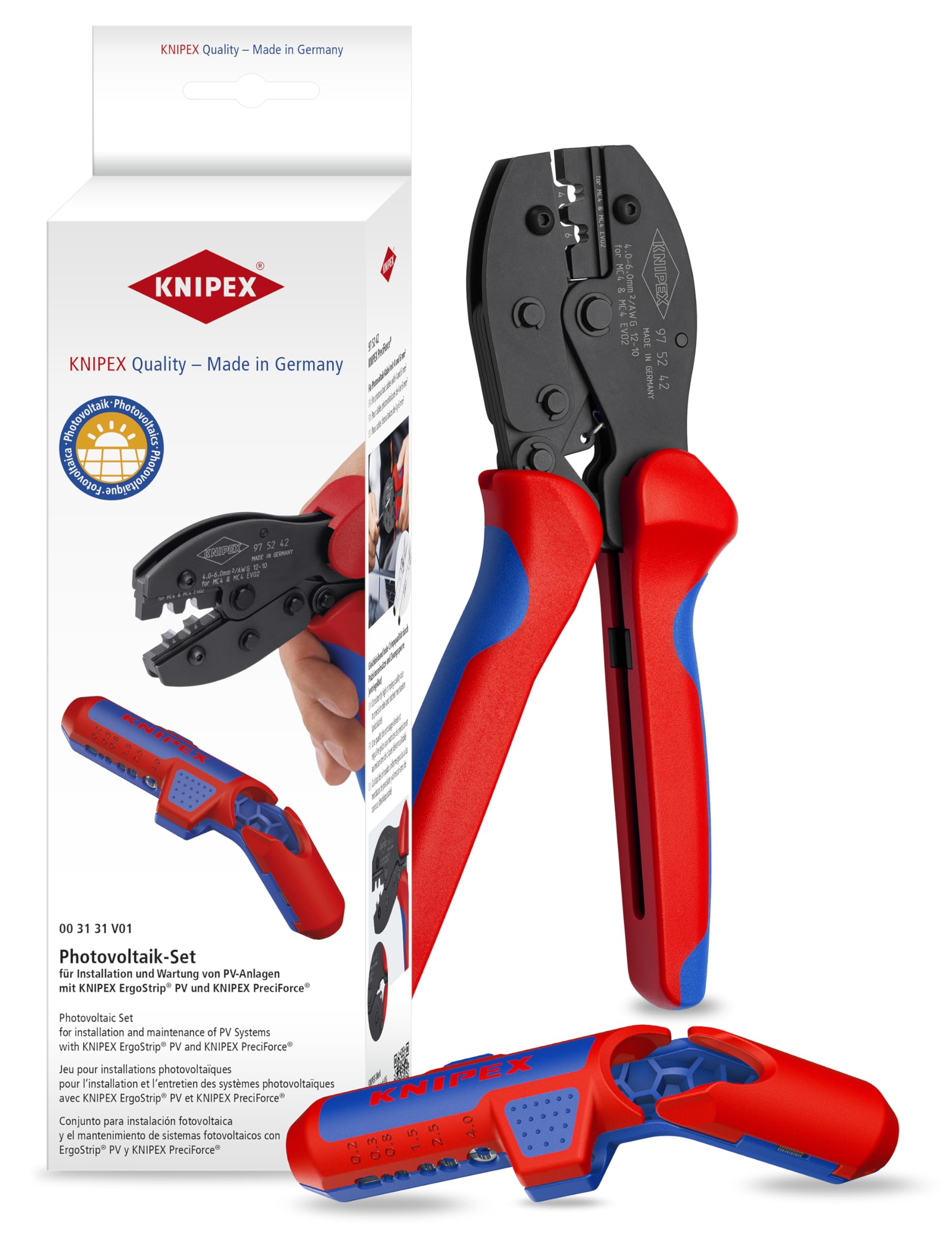 KNIPEX Zestaw do instalacji fotowoltaicznej z narzędziem do ściągania izolacji ErgoStrip PV i szczypcami do zagniatania KNIPEX, 00 31 31 V01 SB