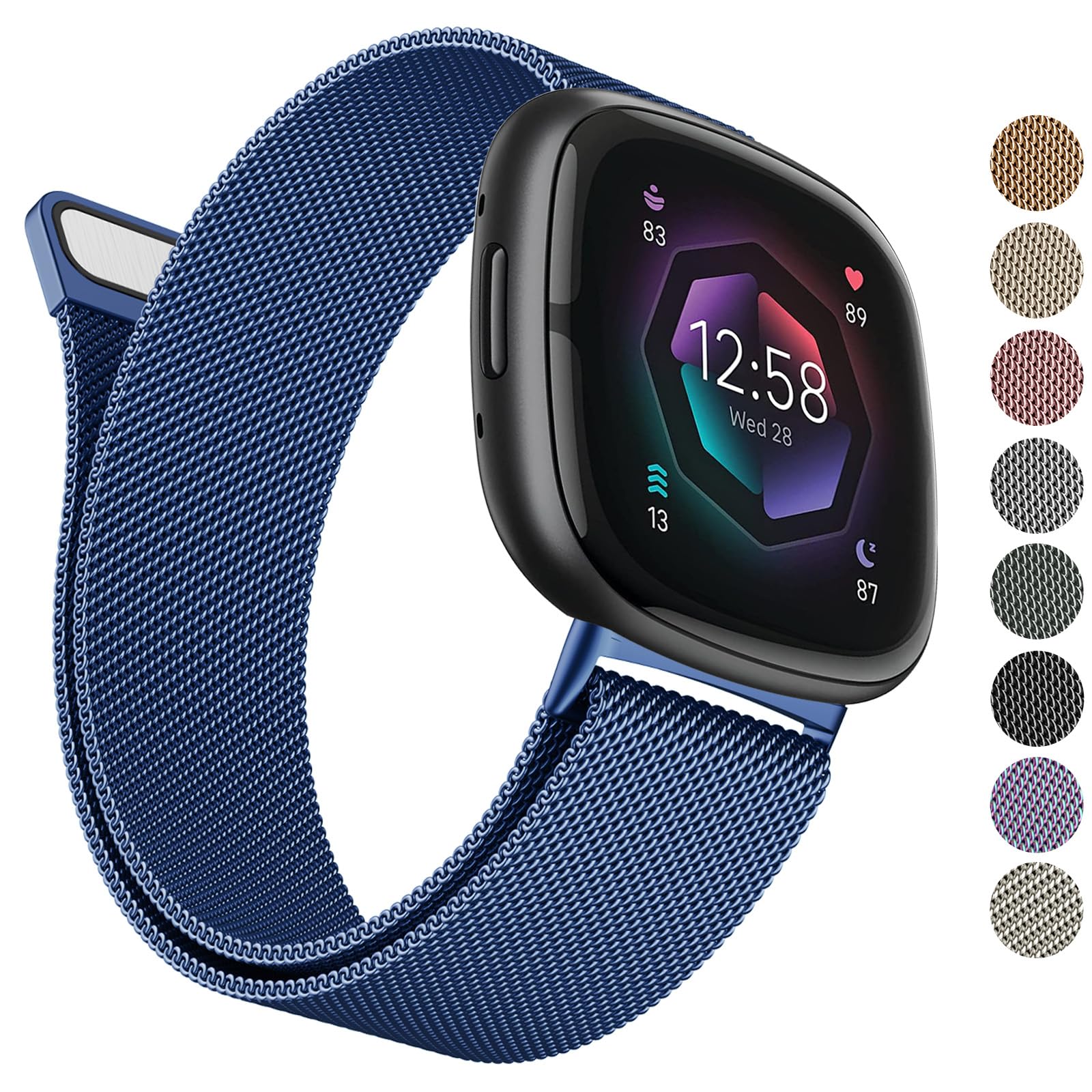Metal Band Compatible with Fitbit Sense 2 /Sense Bands/Versa 4 / Versa 3 Bands Women Men, Stainless Steel Mesh Loop Strap (Large,Navy Blue) — image 1