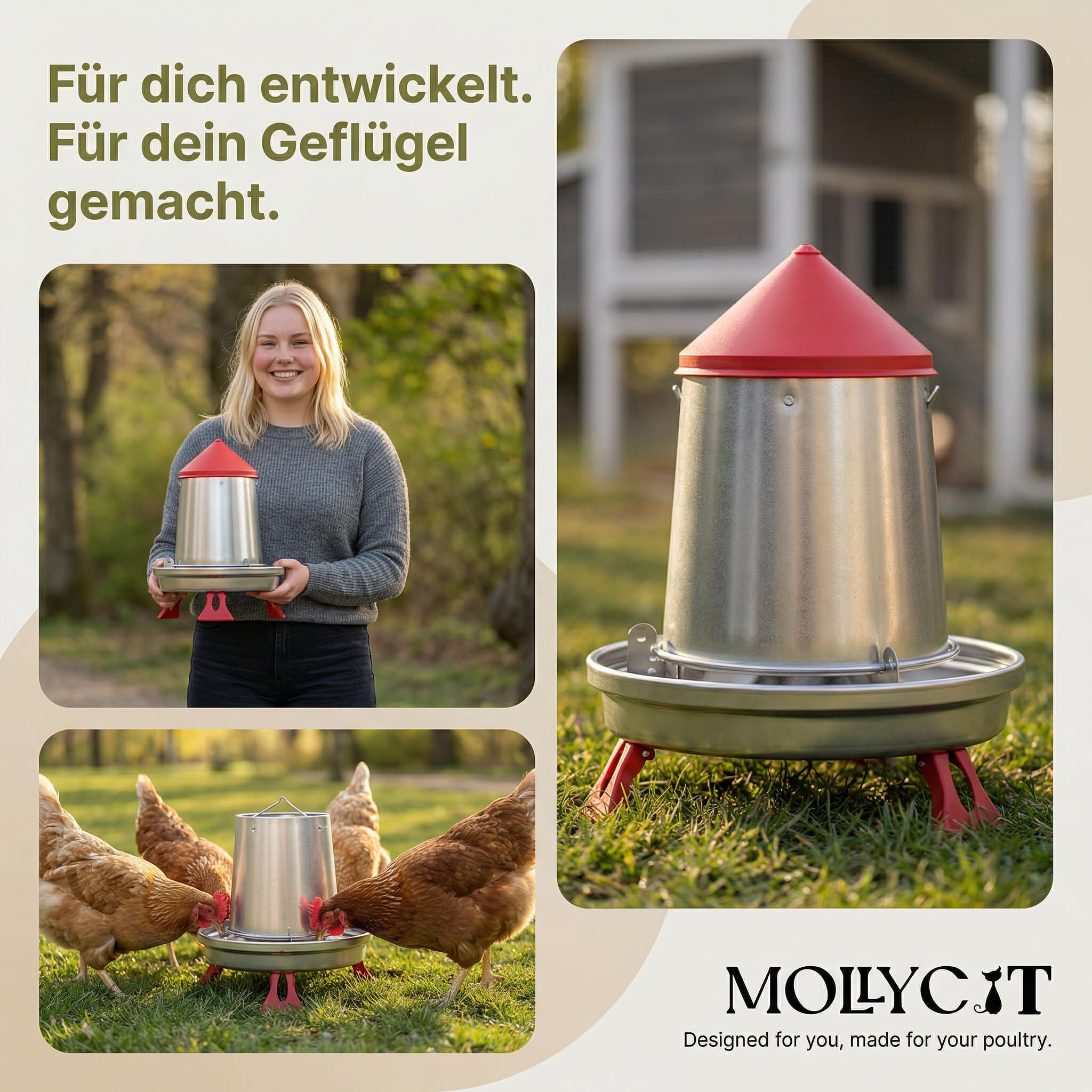 Comedero automático para pollos, 9 L, metal galvanizado, dosificación ajustable con tapa, dispensador de alimentos para gallinas, accesorios con patas y suspensión, limpio y económico