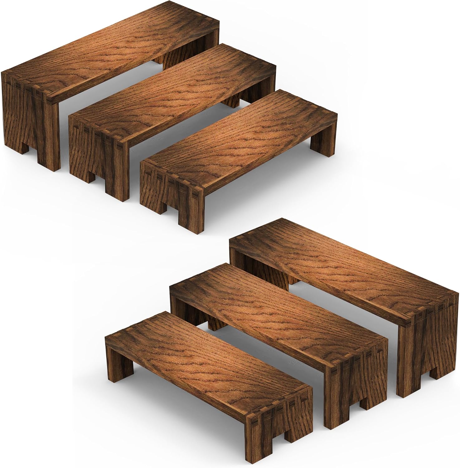 Yikaroeli 2 Set 3-Tier Wooden Display Risers - 6Pcs Small Wood Stands for Cupcakes, Desserts, Vendor Events, Kitchen Storage (Brown)