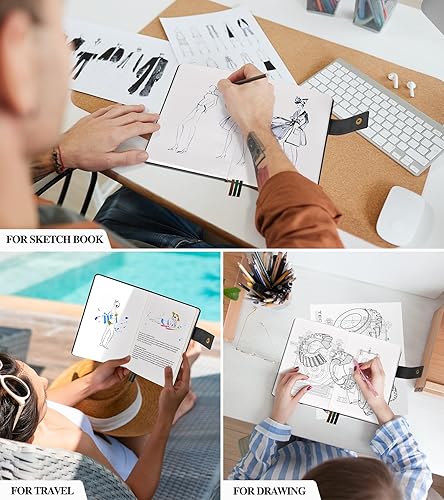 Miniatura 7 de Cuaderno negro de puntos, cuaderno A5 de cuadrícula de puntos con bolígrafo, 200 páginas de papel grueso de 100 GSM, diario de cuero para hombres y