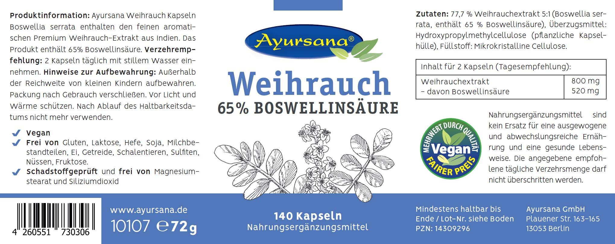 Ayursana Weihrauchkapseln hochdosiert - 420 vegane Kapseln - 800 mg Boswellia Serrata Kapseln (Tagesdosis) - 65% Boswelliasäuren - Für Gelenkschmerzen
