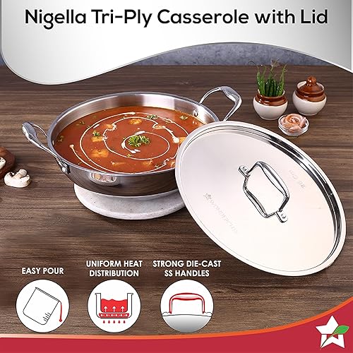 Miniatura 6 de Wonderchef Nigella Kadhai de acero inoxidable de 3 capas con tapa 9.4 in, 2,2 litros, 0.102 in de grosor