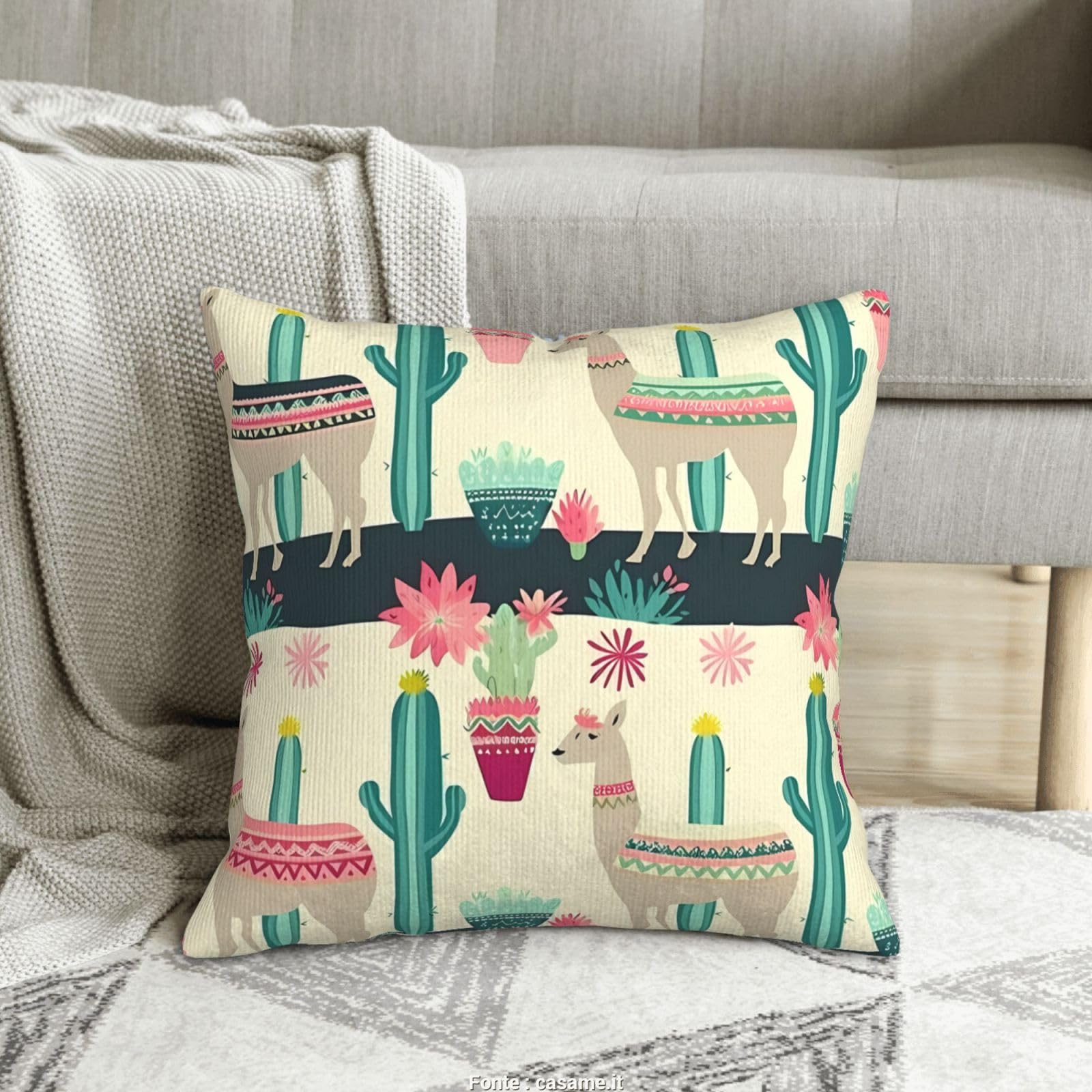 Housse de coussin velours côtelé lama cactus déco salon lit canapé 50x50