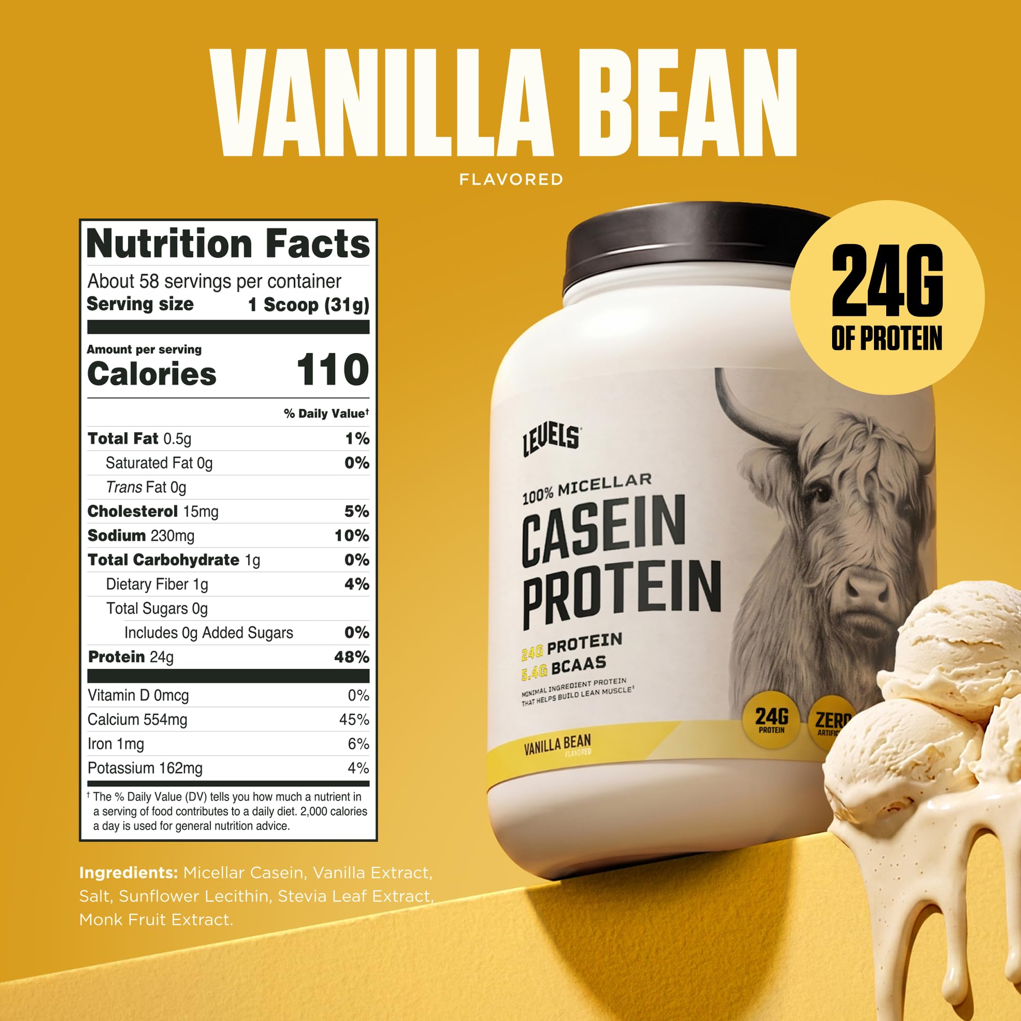 Levels 100% Micellar Casein Protein, Hormone Free, Vanilla Bean, 4LB — Amazon image 3