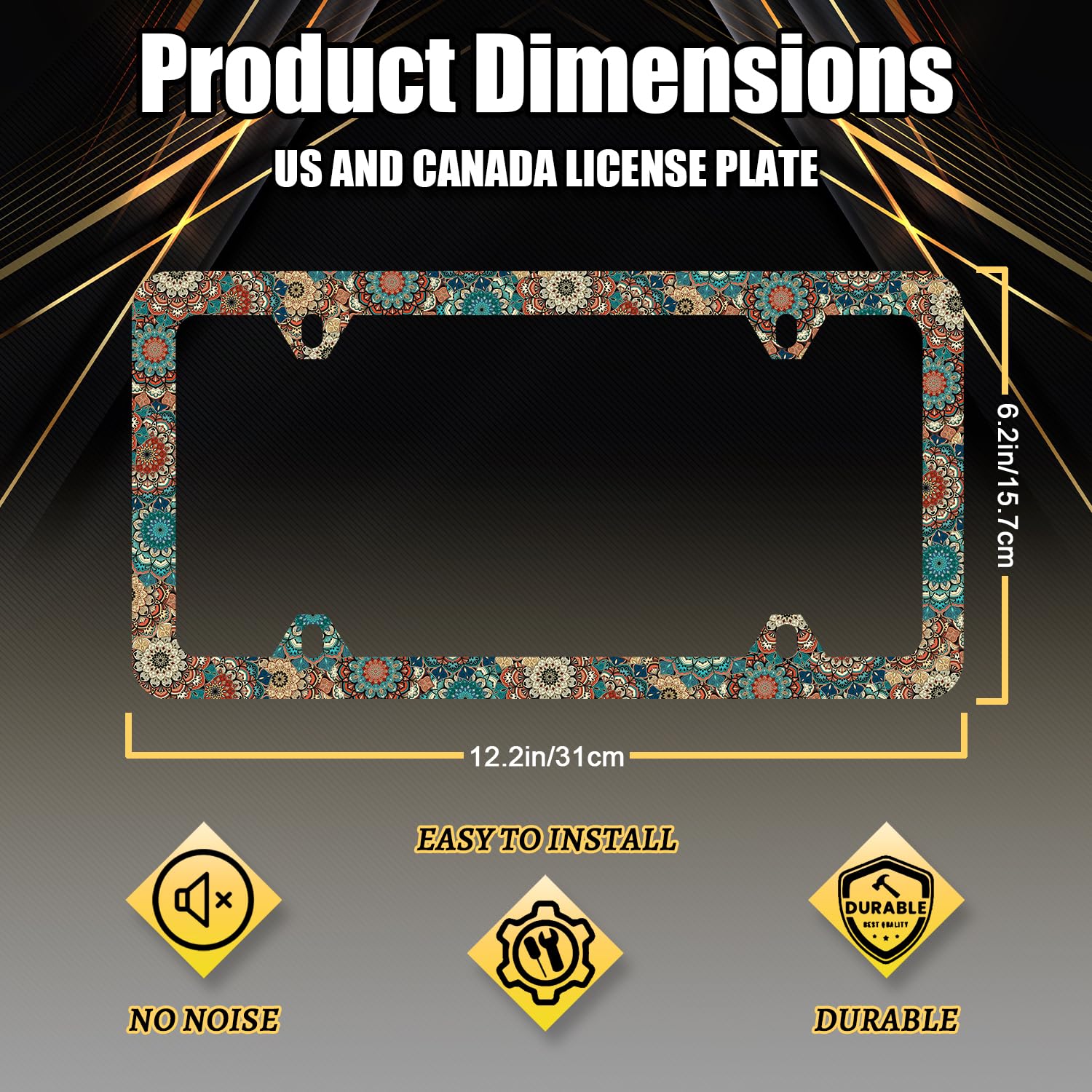 Vintage Mandala Flowers License Plate Frame Boho Floral License Plate Holder Funny License Plate for Car Decoration Stainless — view 2