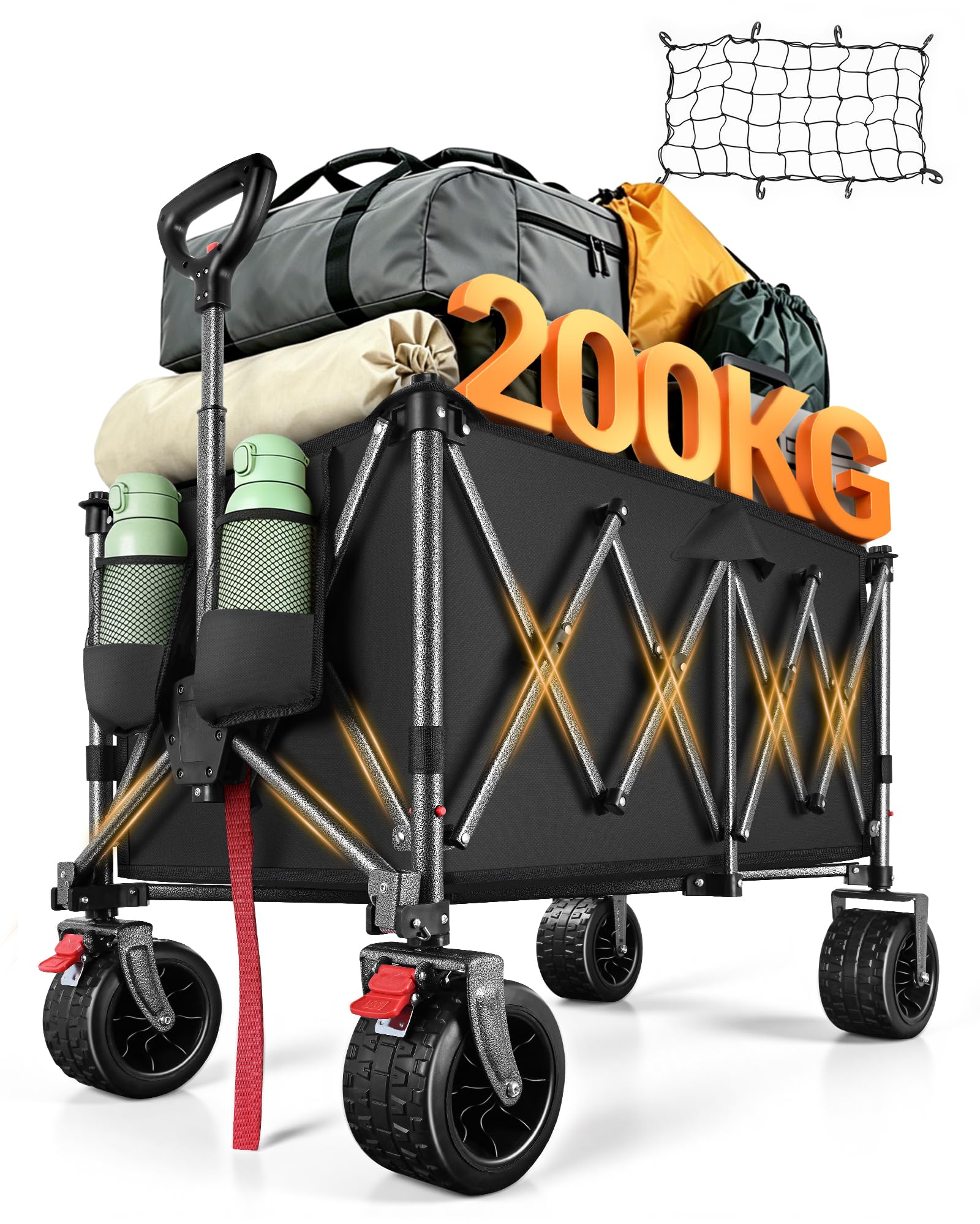 160L Festival Trolley on Wheels, Beach Camping Trolley Heavy Duty, Large Folding Wagon Loads Up to 550LBS, Portable Foldable for Outdoor Garden Shopping Fishing Cart, Ultra Wide Wheels, Classic Black