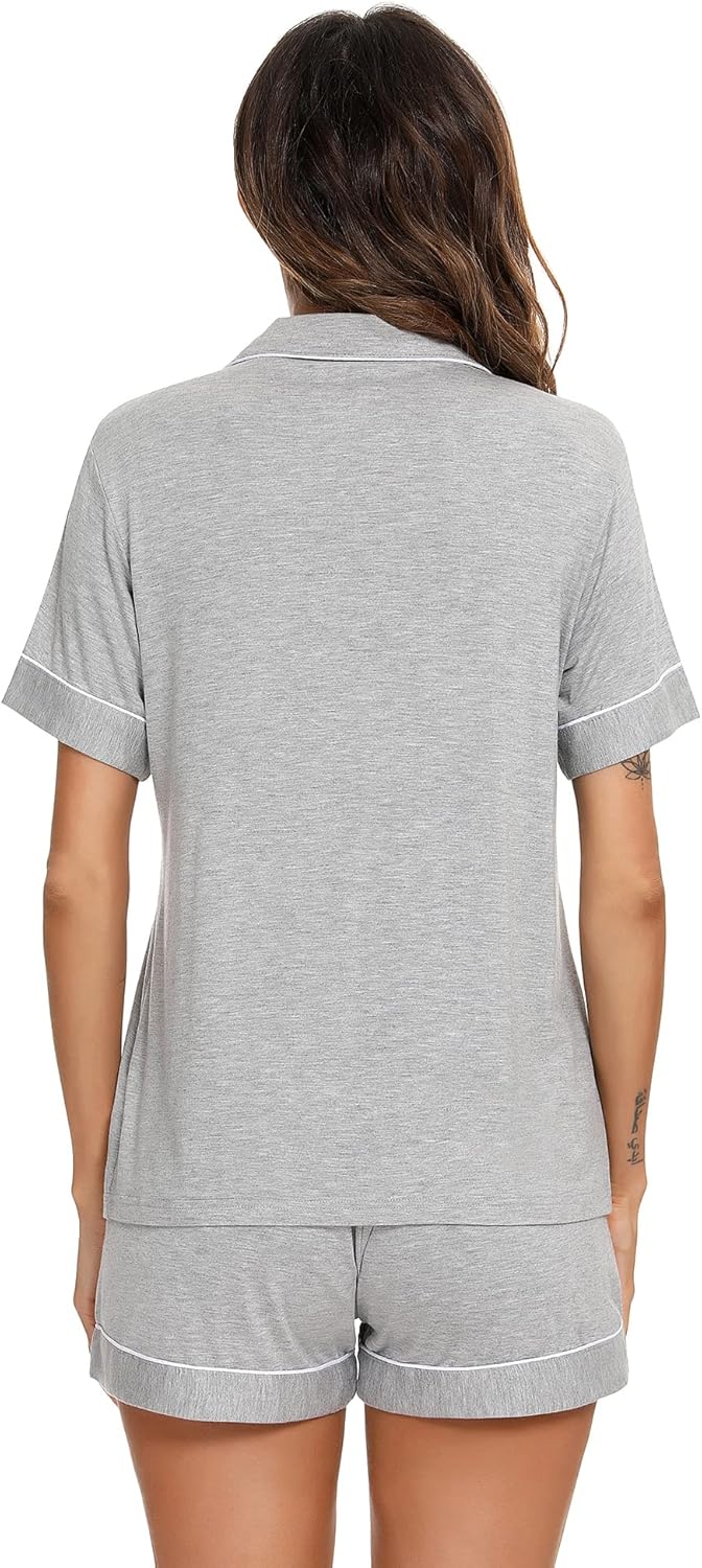 Aamikast Button Up Pajama Set for Women Shorts Short Sleeve Knit Sleepwear 2 Pice Pjs Sets (Medium, Light Gray) - Image 5