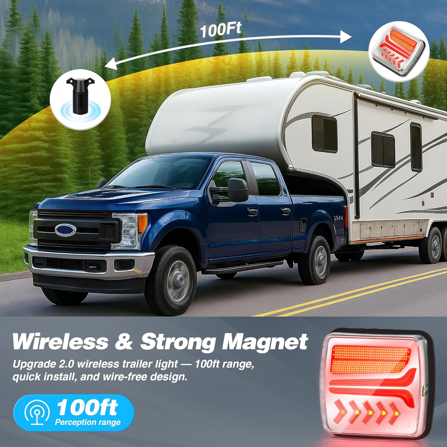Wireless Trailer Lights Magnetic - Bluetooth LED trailer Lights, IP65 Waterproof, High Brightness for Towing - Wireless Tail Lights for Trailer, Boats, Trucks, Caravans, Campers, RVs, Vans