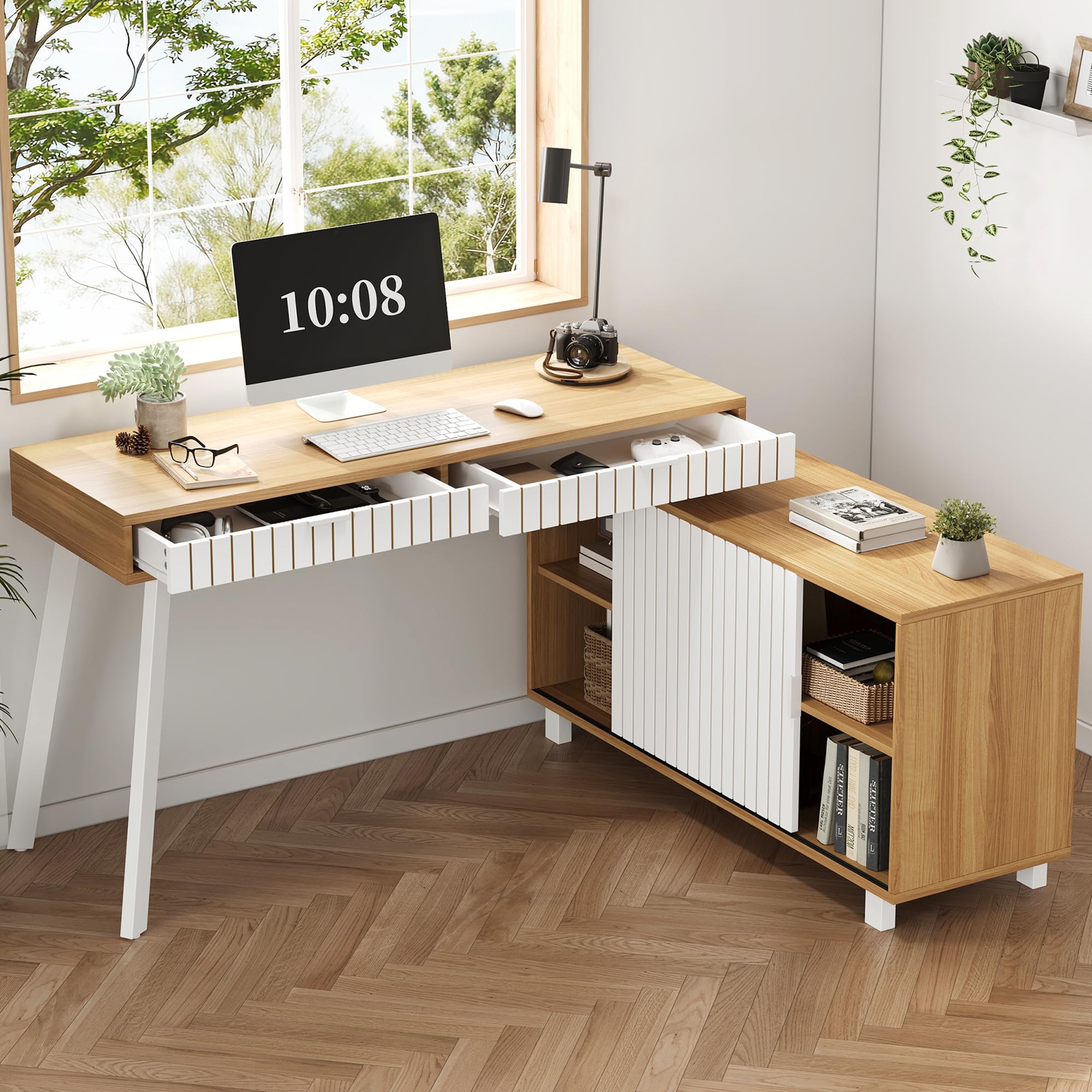 BTM Eckschreibtisch mit Stauraum L Form Schreibtisch mit Schubladen und Schrank, Computertisch Bürotisch Naturfarbe + Weiß
