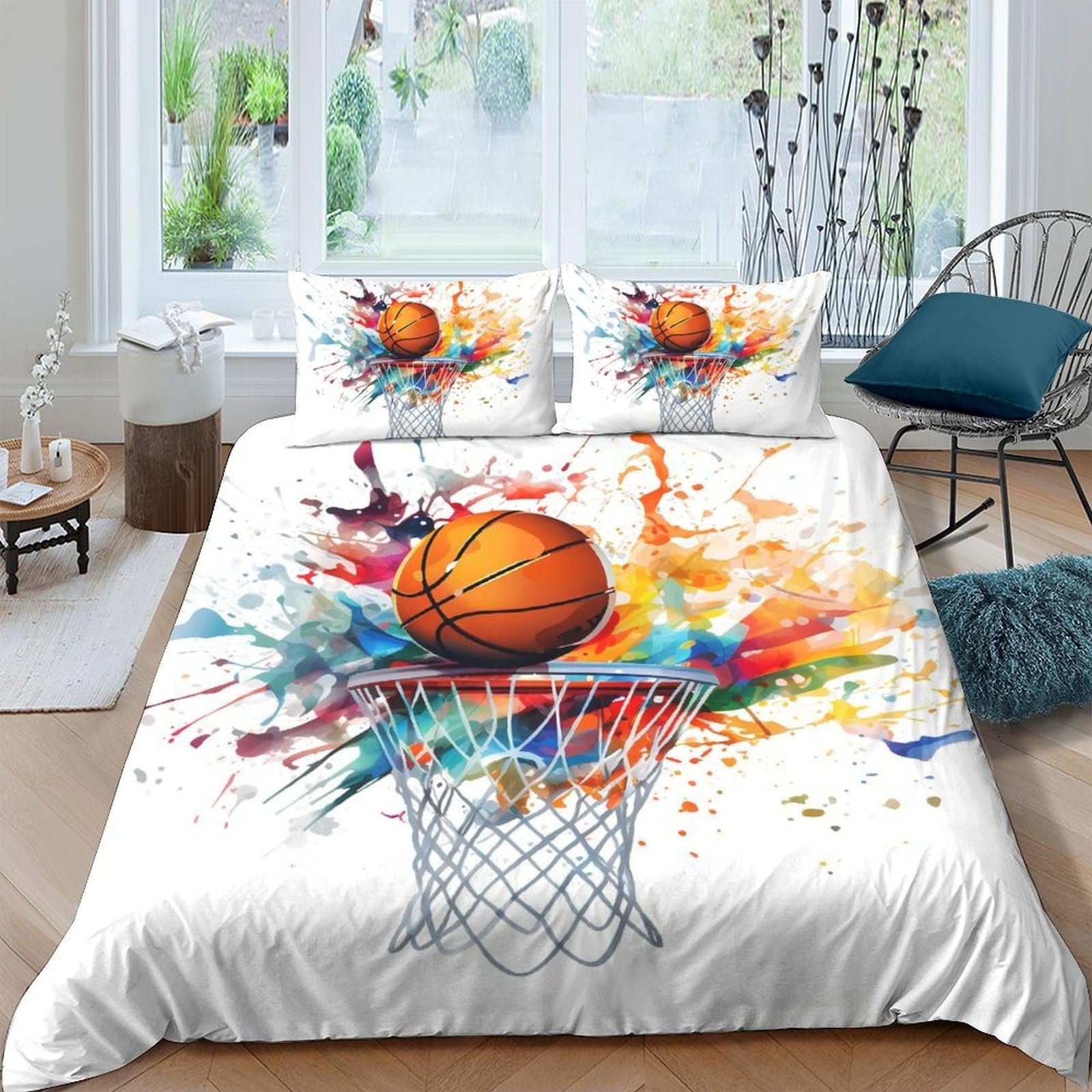 Ctjqhvkz Style-2 3D Printed Basketball Splash Fitted Sheet Microfiber Colourful Sports Hoop Mattress Cover For Bedroom Dorm Decor Single（135X200cm）