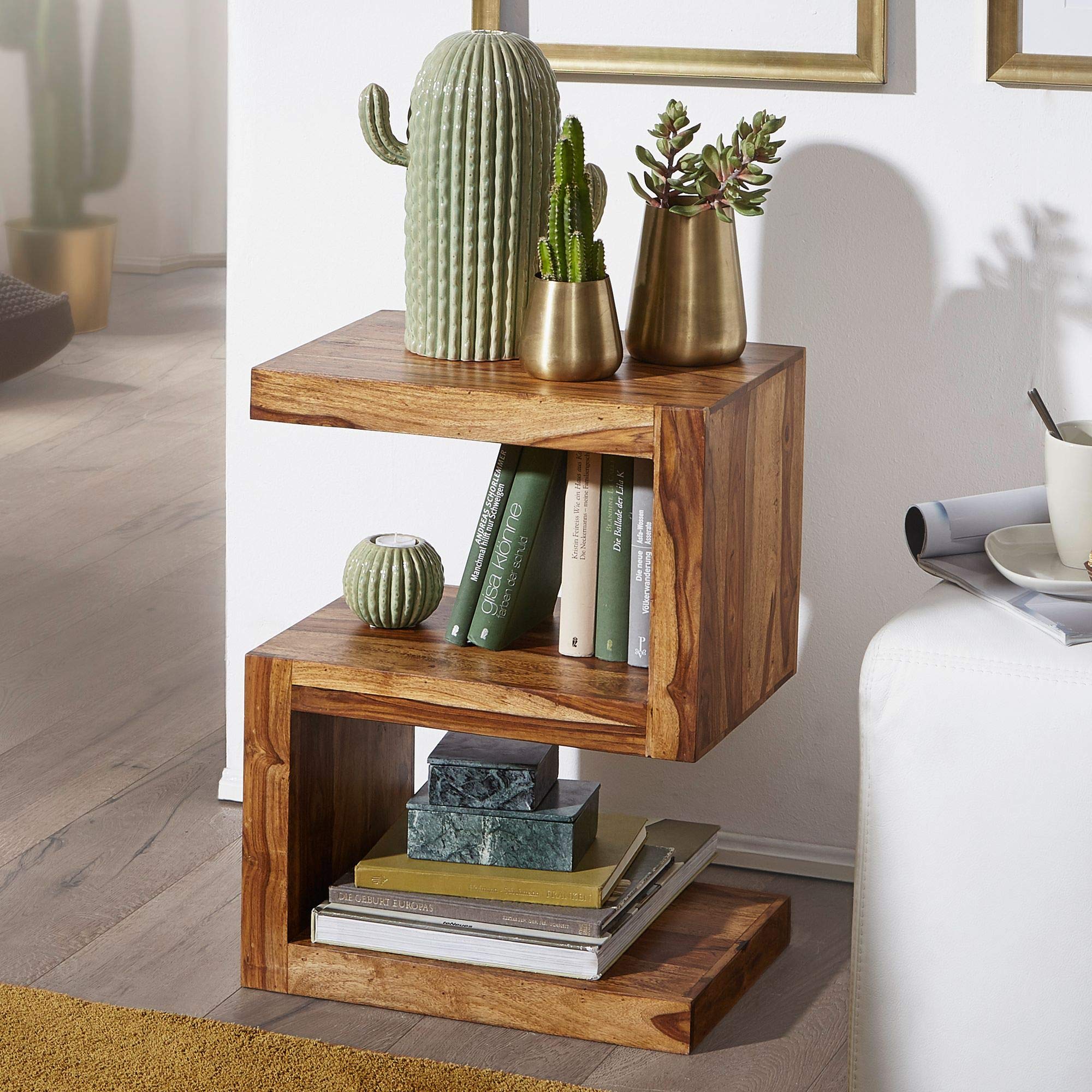 FineBuy Tavolino S Cubo 44x30x60 cm Legno Massello di Sheesham | tavolino da soggiorno in stravagante forma a S, tavolino da salotto in vero legno, fatto a mano, ogni pezzo è unico