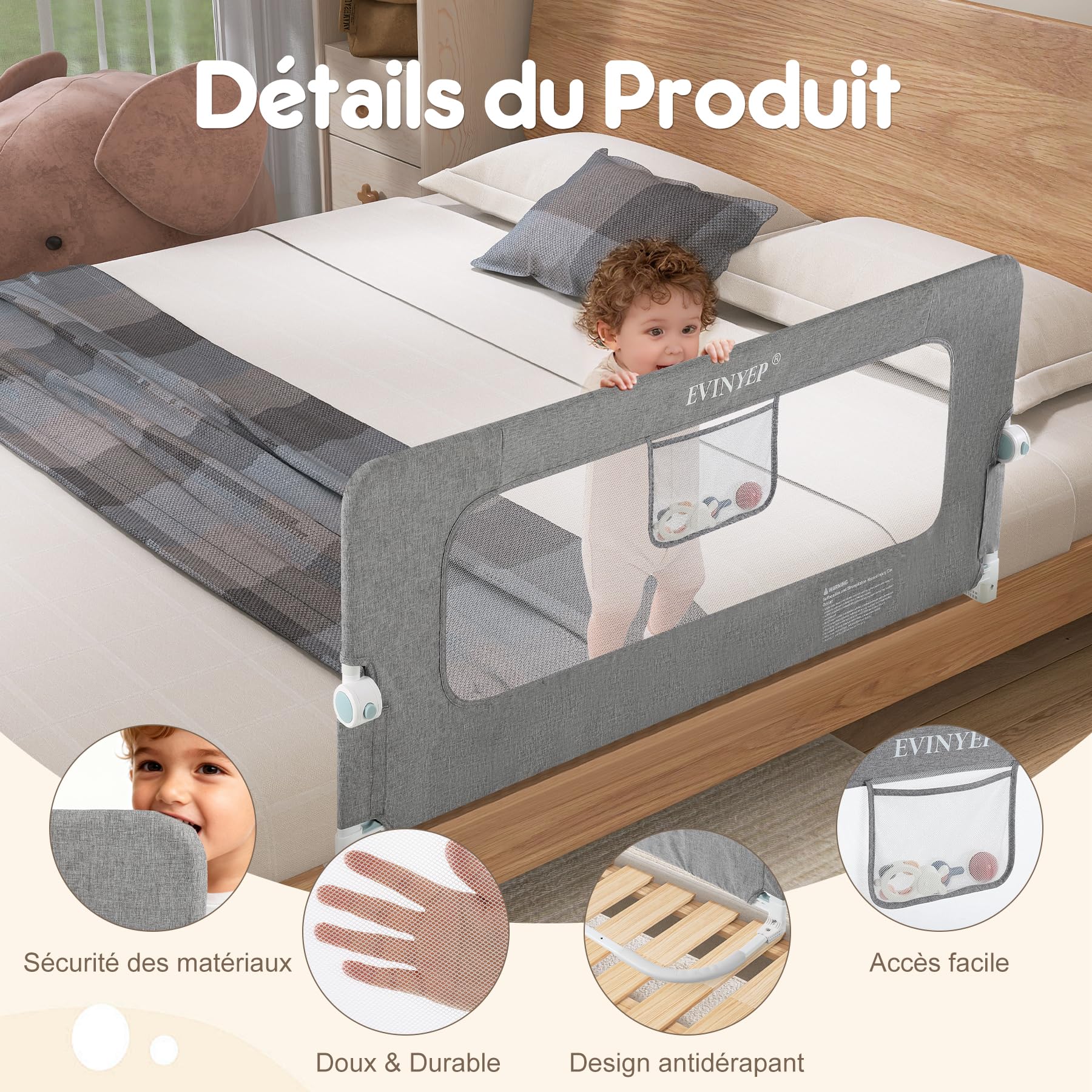 Barrière de Lit Enfant 150 cm Repliable, Cadre Large Anti-Collision pour Tous Types de Lits