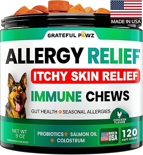 Masticables para aliviar la alergia de los perros, alivio de la picazón del perro, probióticos, aceite de pescado omega 3 + calostro, picazón en la