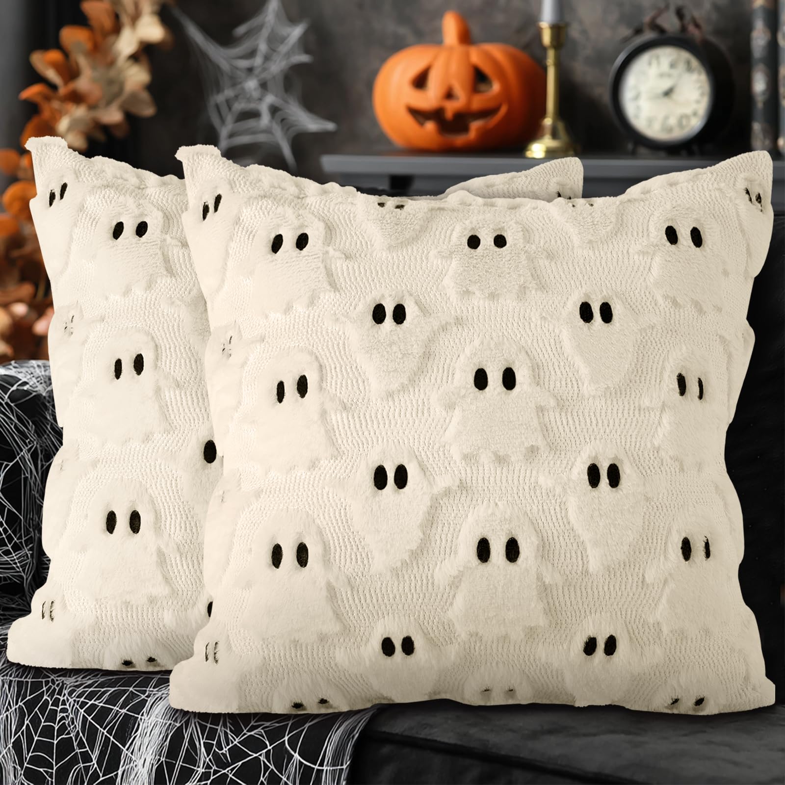 Housse De Coussin Halloween Fantôme 45x45 Cm - Taie Décorative En Peluche Pour Canapé, Salon, Chambre