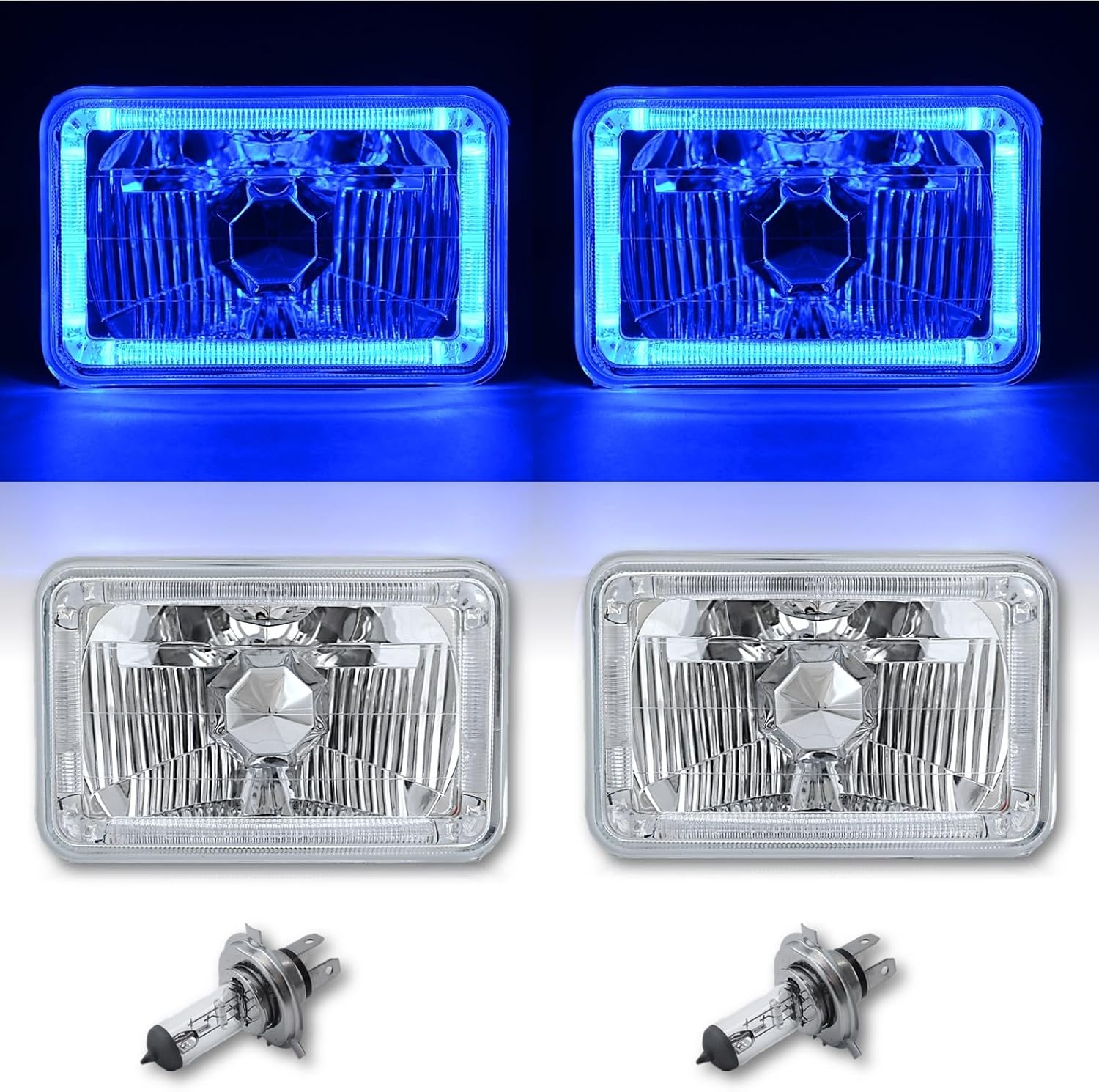 Octane Lighting 4X6 Blue Led Halo Angel Eye Halogen Headlights Headlamp Bulbs Crystal Clear Pair