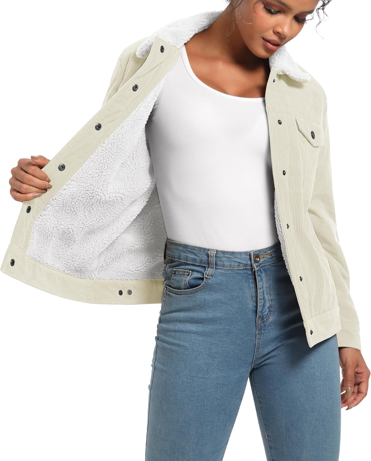MAGCOMSEN Women's Corduroy Jacket Sherpa Fleece Lined Warm Winter Coat Button Down Casual Jacket with Pockets - Image 2
