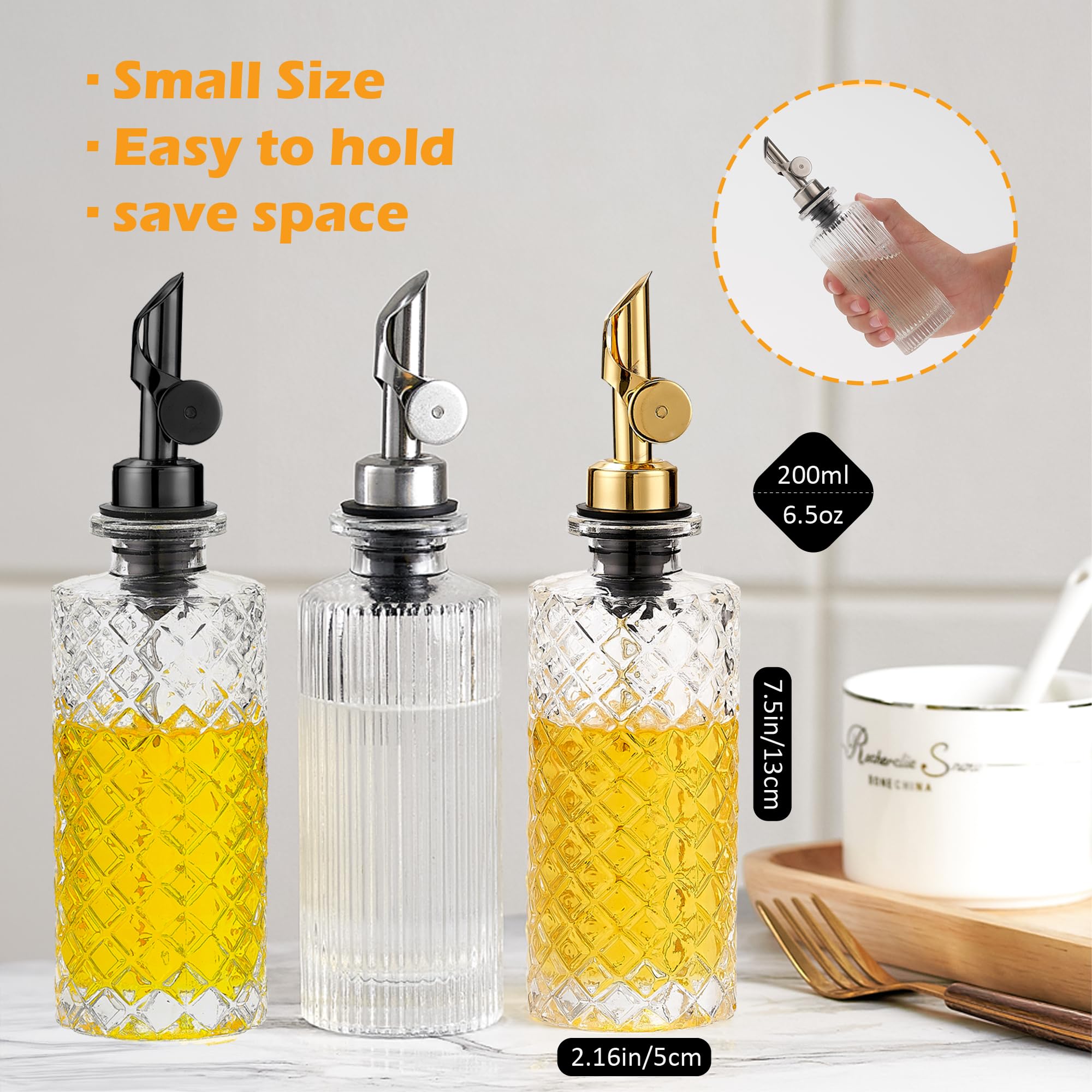 Botella dispensadora de aceite de oliva de vidrio pequeña, 6.5 onzas/200 ml, botellas de jarabe simples para café con boquilla de metal plateado, embudo, taza medidora, botella de aceite y