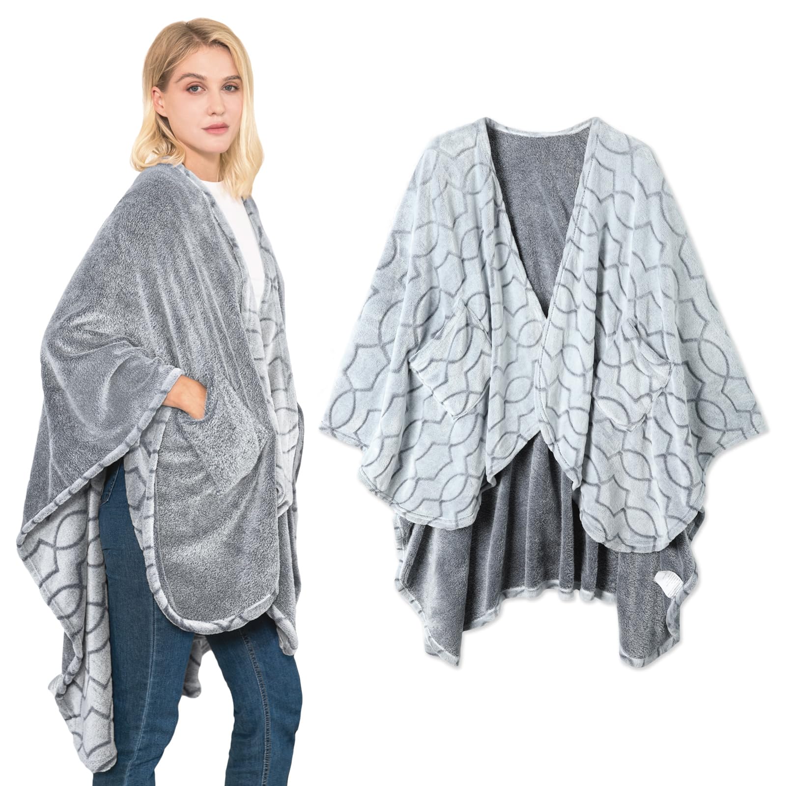 BcareselfBcareself Double-Sided Wearable Blanket Ultra Soft Flannel Shawl Blanket, Reversible Blanket, with Pockets, for Women and Men, Throw Blanket for Home, Travel, Warm Present, Heather Grey, Adult:above