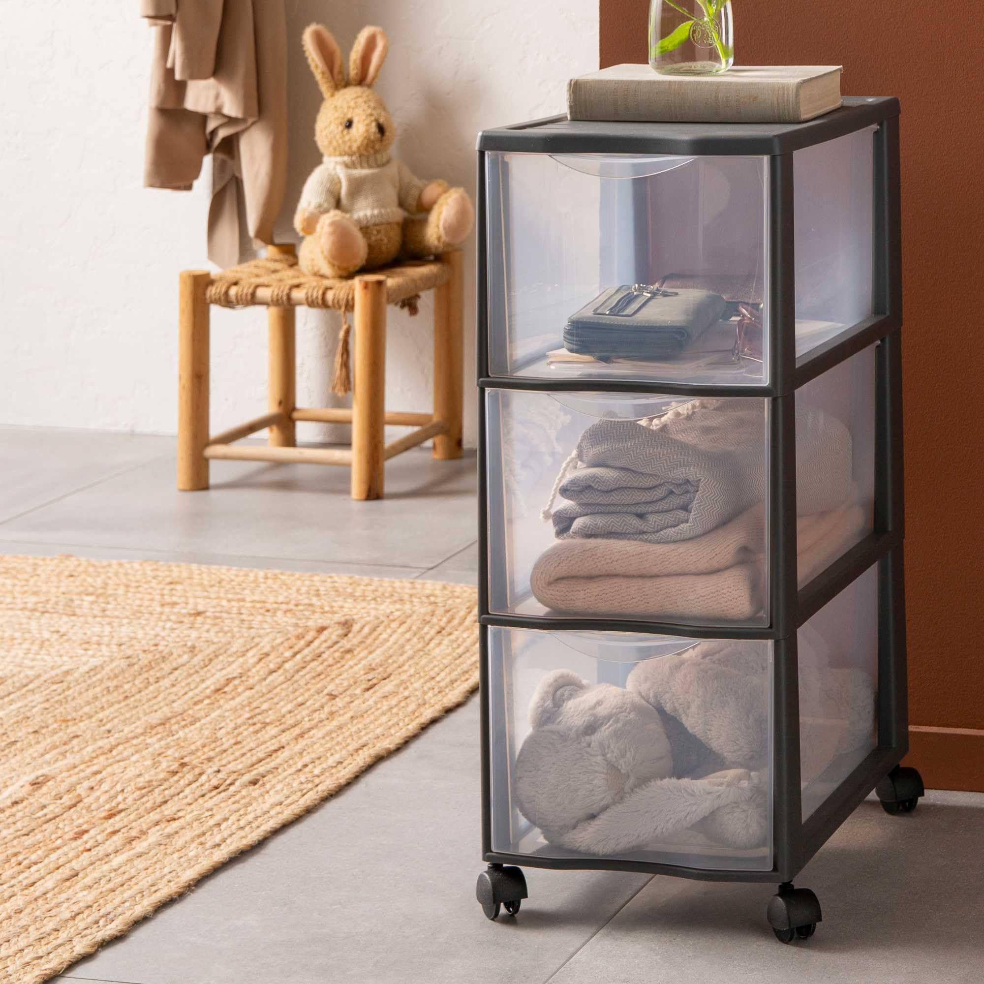 SUNDIS Orgamix, tour de rangement plastique, 3 tiroirs transparents, roues | Format papier A4, hauteur 63,5 cm, idéale rangement bureau, cours, documents, fournitures, accessoires