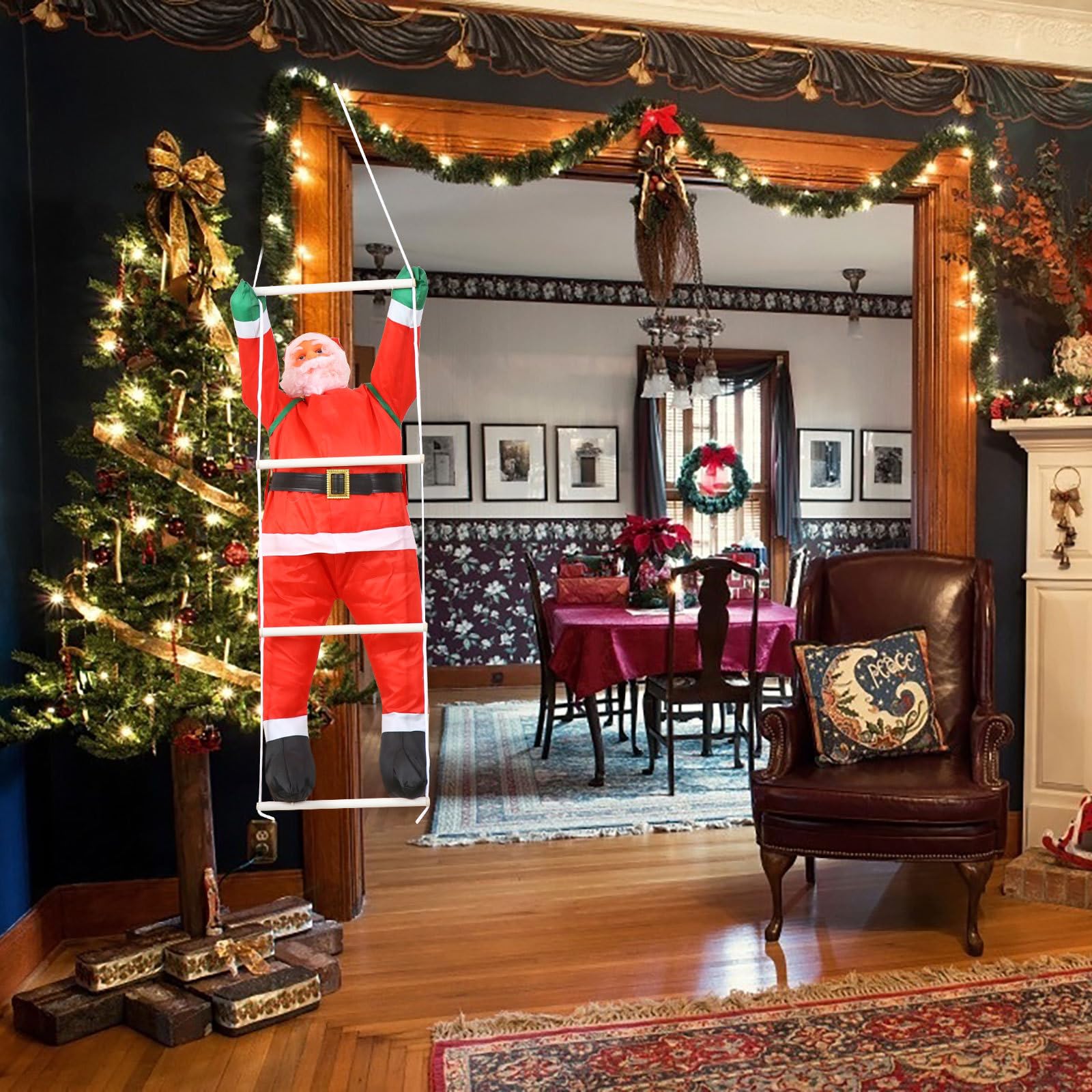 Colgante Navideño de Papá Noel para Decoración de Escalera Tela Oxford y Algodón PP, Accesorio Divertido para Fiesta y Ambiente Navideño Clásico