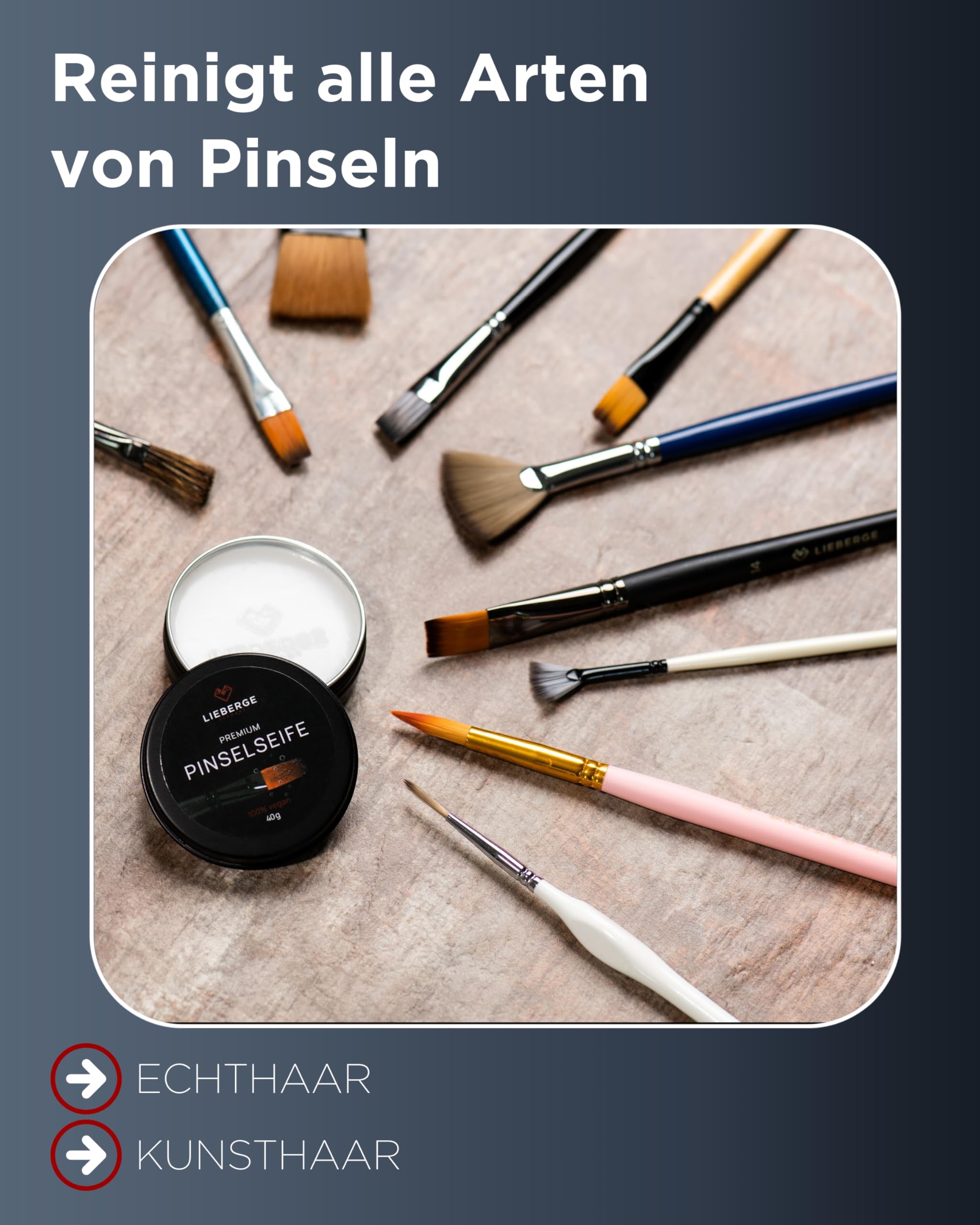 LIEBERGE Premium Pinselset Allround : Pinselset Acrylfarben, Aquarellpinsel (12 Pinsel) + Detailpinsel (10 Pinsel) + Pinselseife (40g | inkl. Reinigungsmatte)