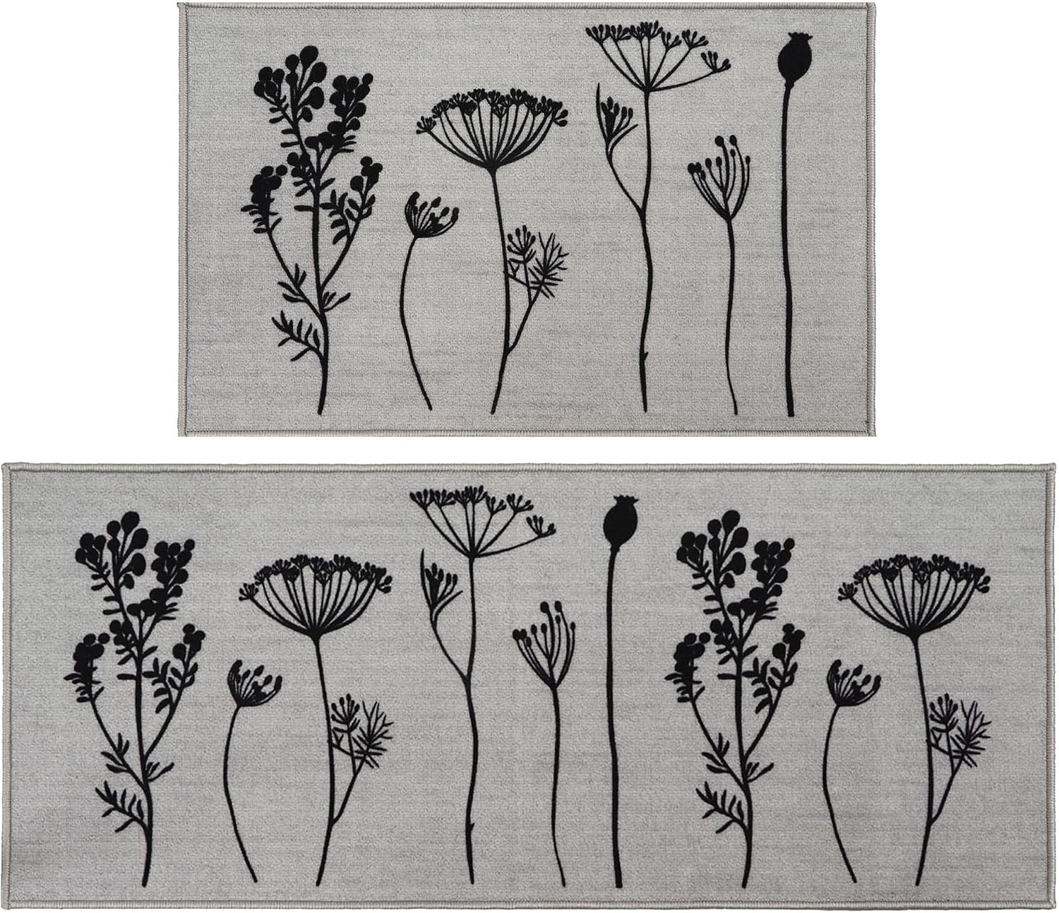 Gray Black Wool Effect Wildflowers Kitchen Mat & Runner Rug Set of 2