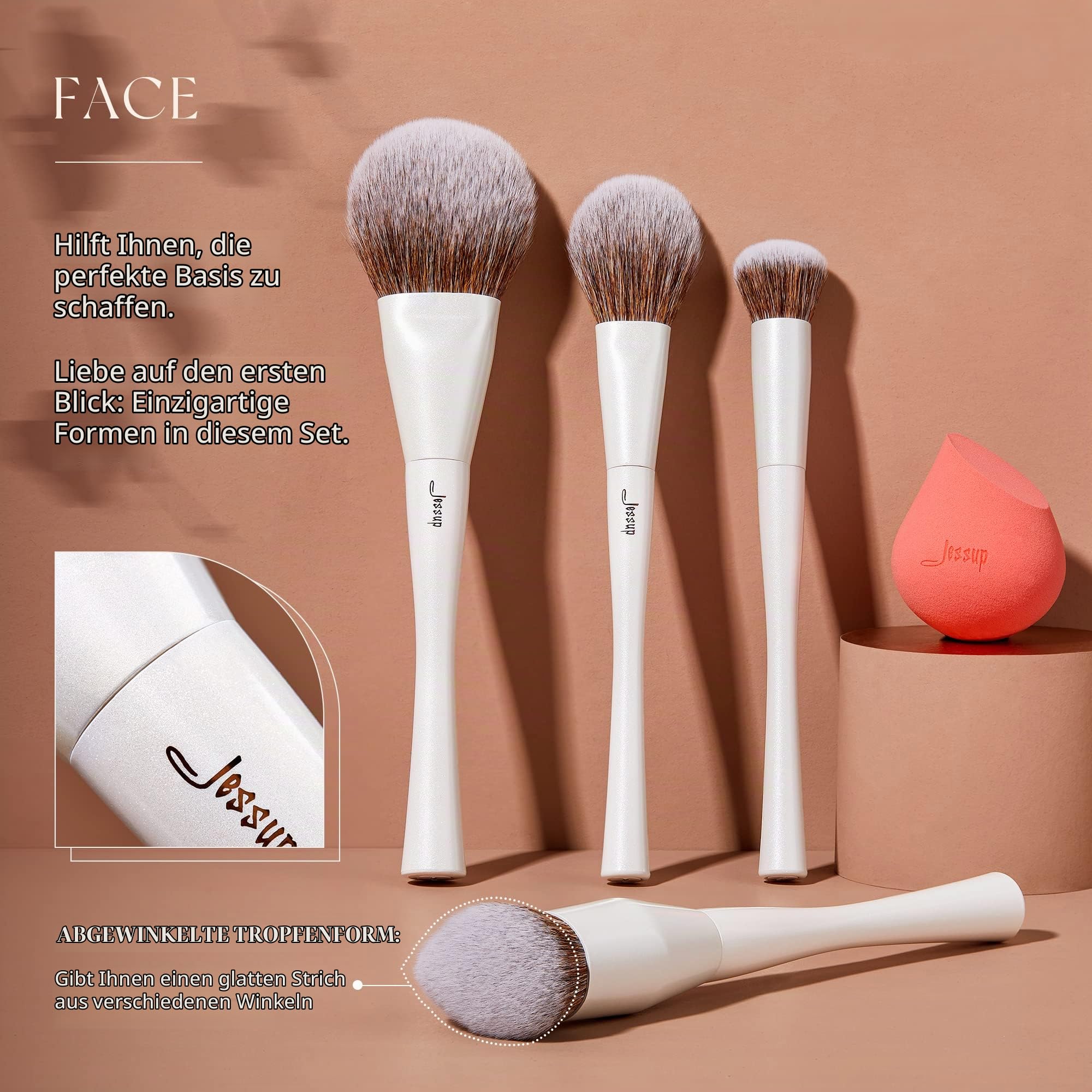 Jessup Pinselset 14 Stk Makeup Pinsel Kosmetikpinsel Schminkpinsel Hochwertiges Geschenkset für Frauen Mit Schwamm Pinselreiniger Handtuch Perlweiß T333